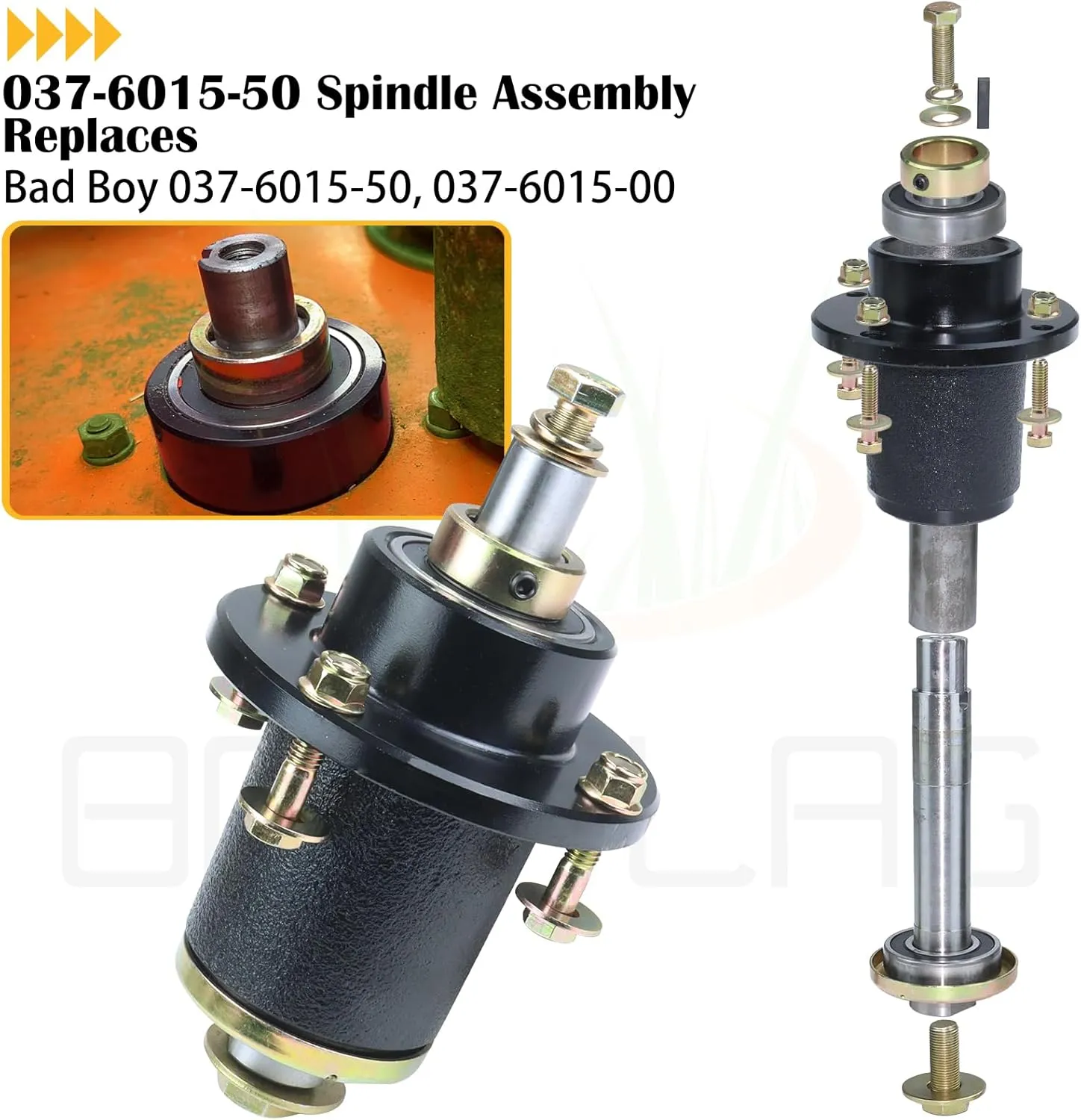 037-6015-50 Spindle Assembly with 033-6003-00 Pulley Replaces Bad boy 037-6015-50 - Spindle Assembly Bad boy 037-6015-50 Spindle 037-6015-00- Spindle Assembly Bad boy Spindle 037-6015-50