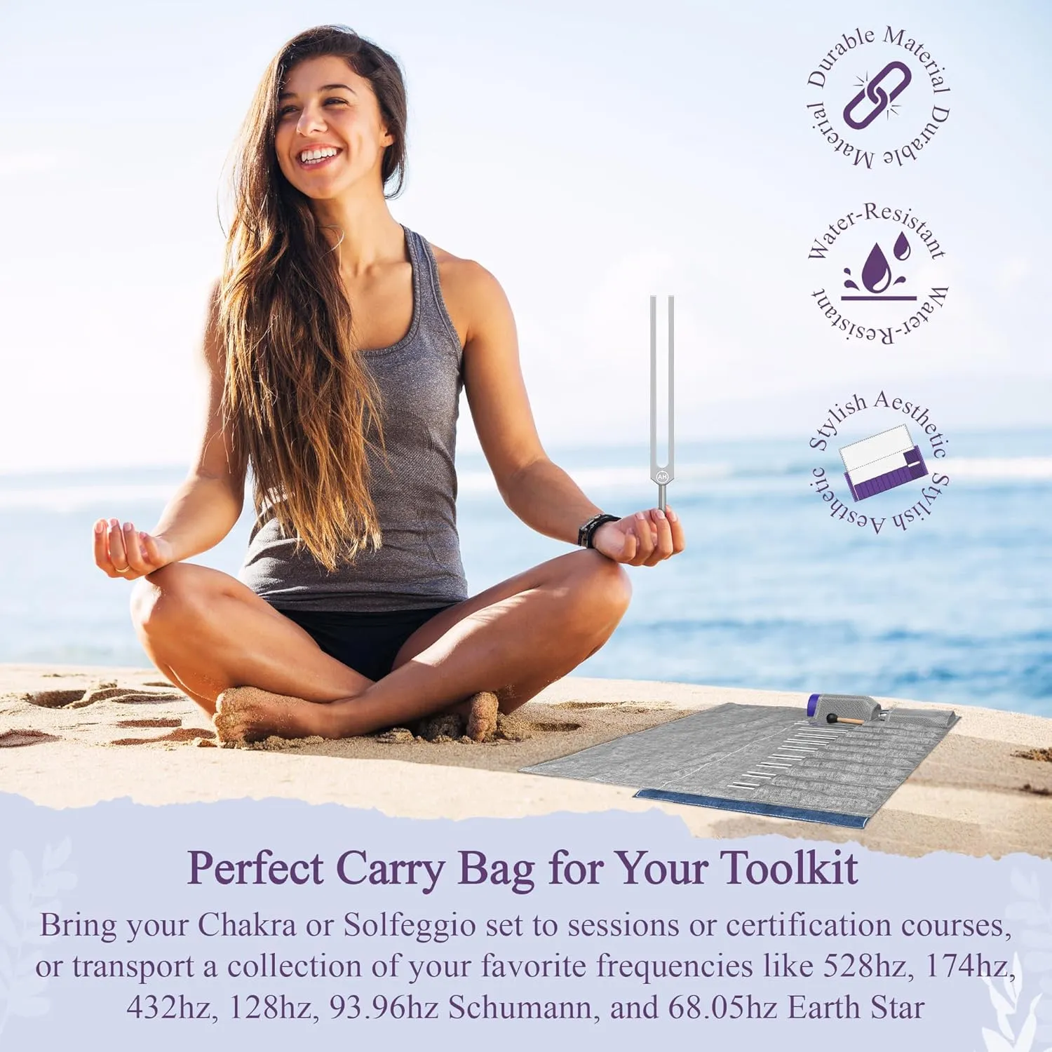 10pc Carry Bag For Tuning Forks - 10pc Plug-In Bag with Compartments, Roll-up Carry Bag for Attenuators, Activator, Accessories, Sound Instruments, Vibration - Beige