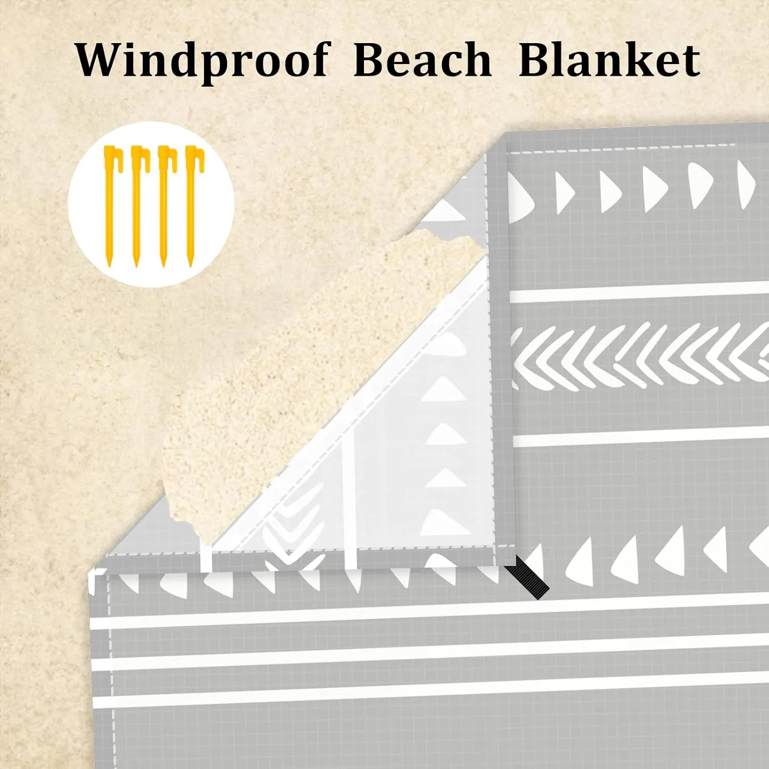 110''×118'' Extra Large Beach Blanket for 8 Adults, Outdoor Beach Mat Sand Free Waterproof with 4 Stakes & 4 Corner Pockets, Polyester Lightweight Foldable Grey Picnic Mat for Travel, Camping, Hiking