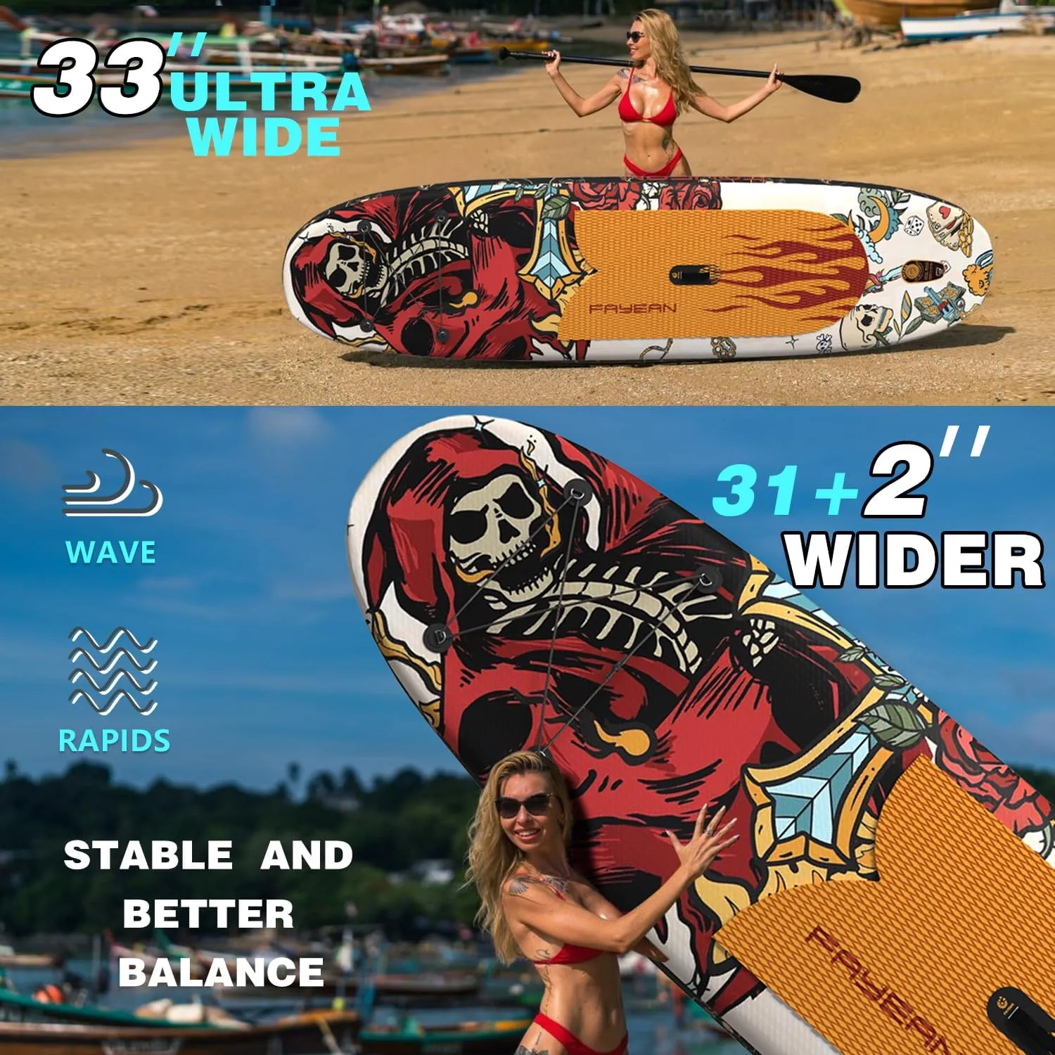 11"×33"×6" Extra Wide Stand Up Paddle Board, Inflatable Paddle Board with Sup Accessories, 400lbs Capacity for Family with Safety Leash, All Round Sup for Yoga Fishing Surfing