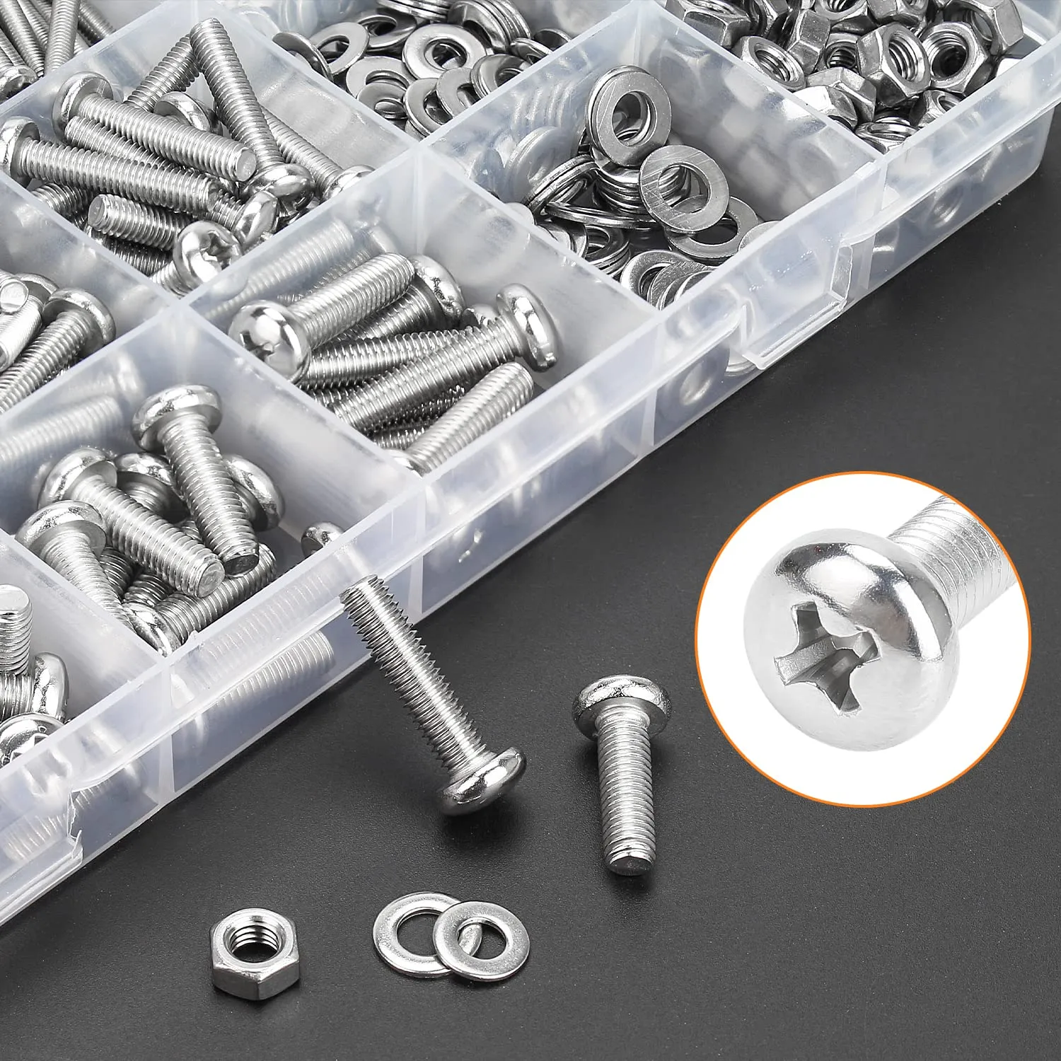 1280 Pieces M2 M3 M4 M5 Phillips Pan Head Machine Screws, Flat Washers and Nuts Assortment Kit, 304 Stainless Steel