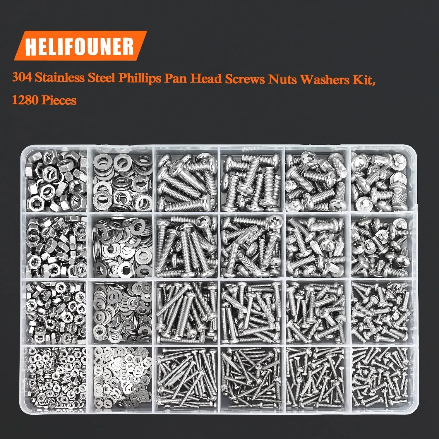 1280 Pieces M2 M3 M4 M5 Phillips Pan Head Machine Screws, Flat Washers and Nuts Assortment Kit, 304 Stainless Steel