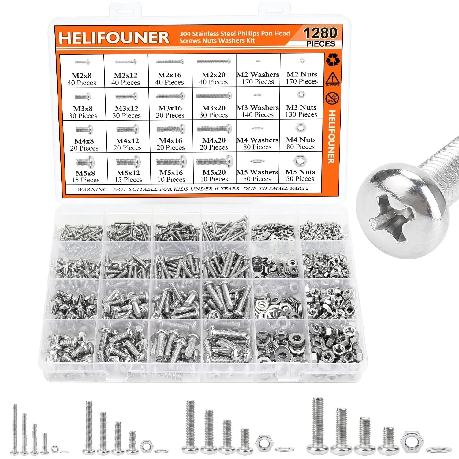1280 Pieces M2 M3 M4 M5 Phillips Pan Head Machine Screws, Flat Washers and Nuts Assortment Kit, 304 Stainless Steel