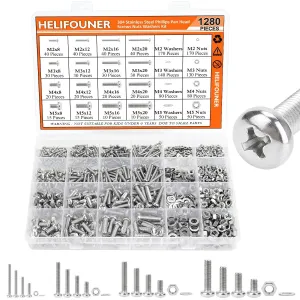 1280 Pieces M2 M3 M4 M5 Phillips Pan Head Machine Screws, Flat Washers and Nuts Assortment Kit, 304 Stainless Steel