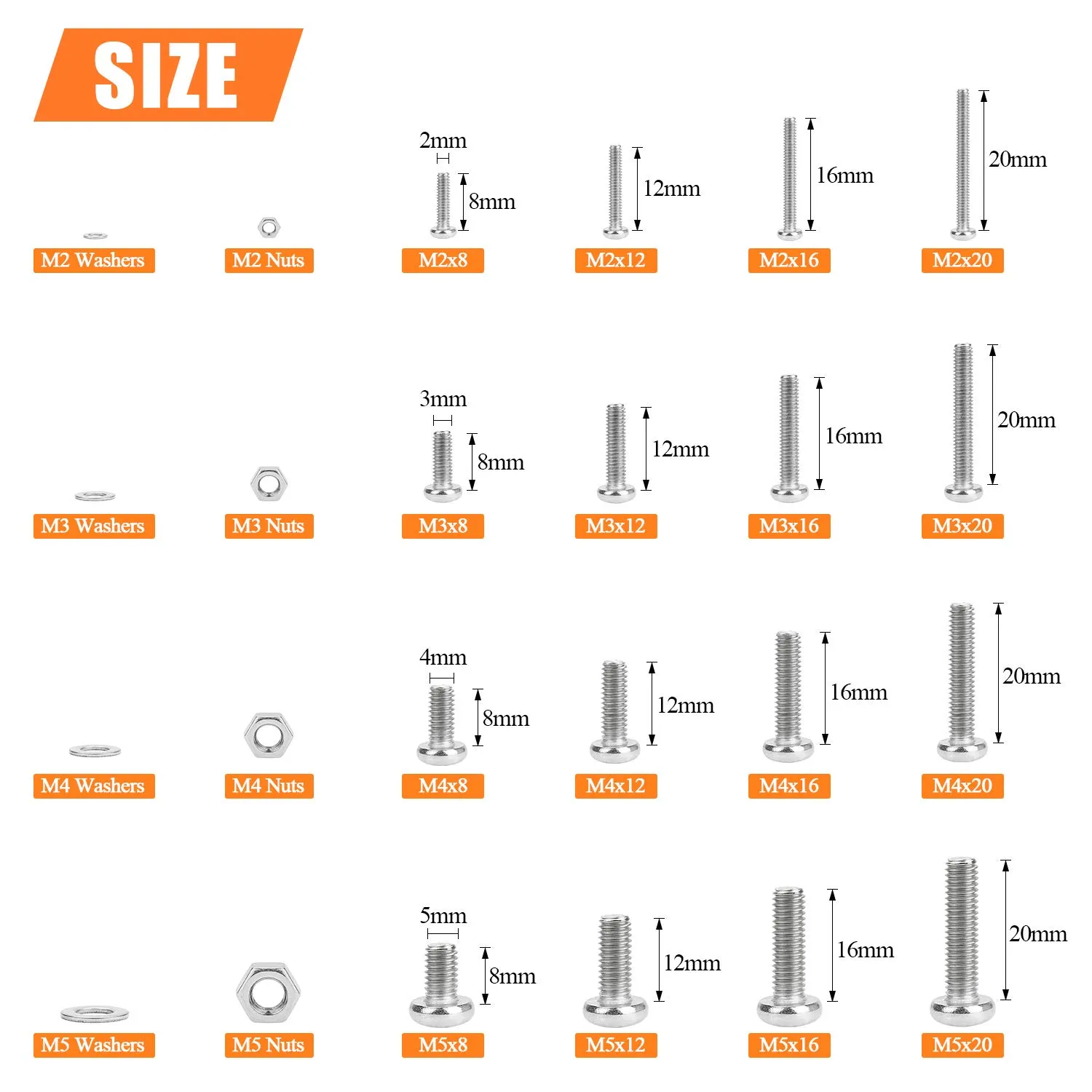 1280 Pieces M2 M3 M4 M5 Phillips Pan Head Machine Screws, Flat Washers and Nuts Assortment Kit, 304 Stainless Steel