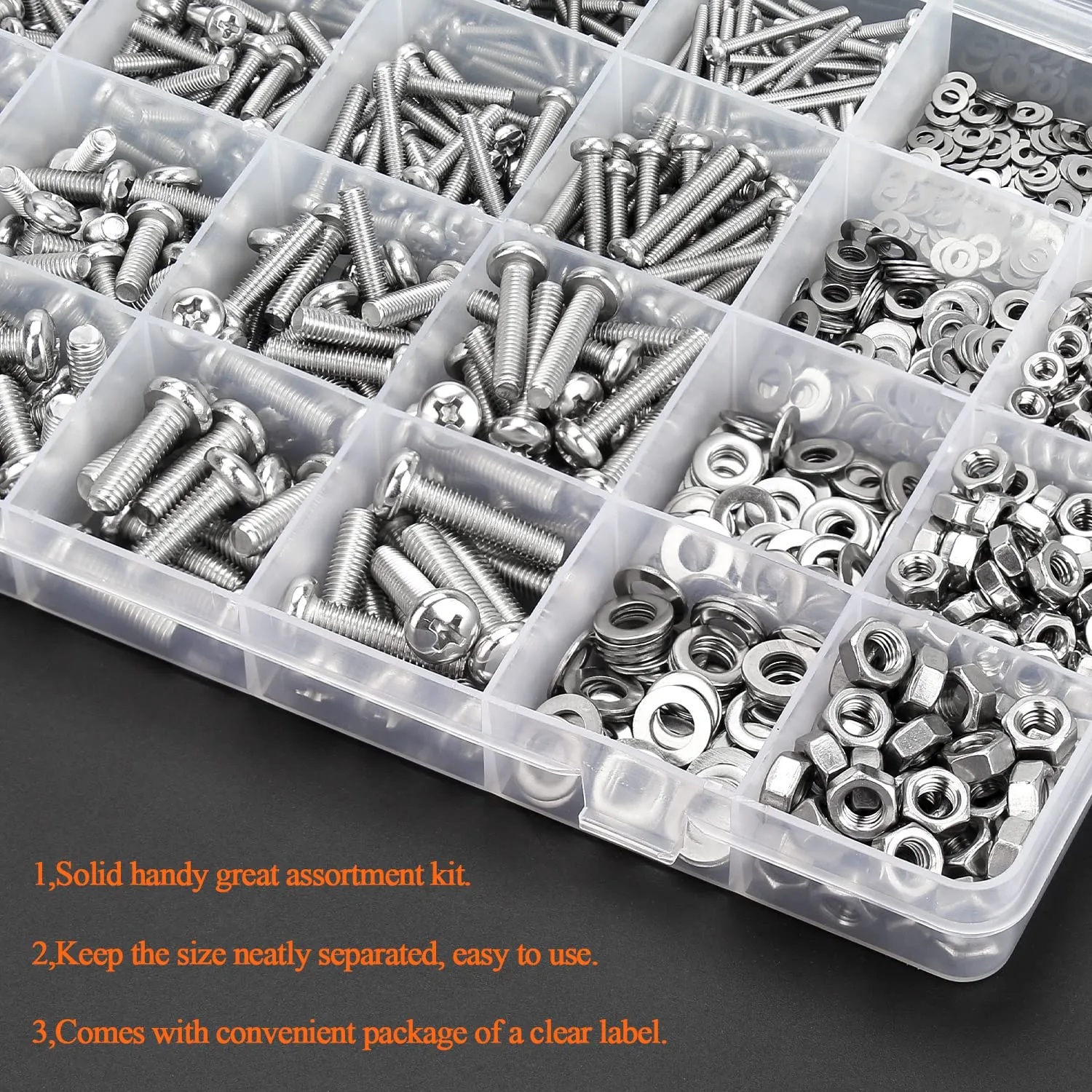 1280 Pieces M2 M3 M4 M5 Phillips Pan Head Machine Screws, Flat Washers and Nuts Assortment Kit, 304 Stainless Steel