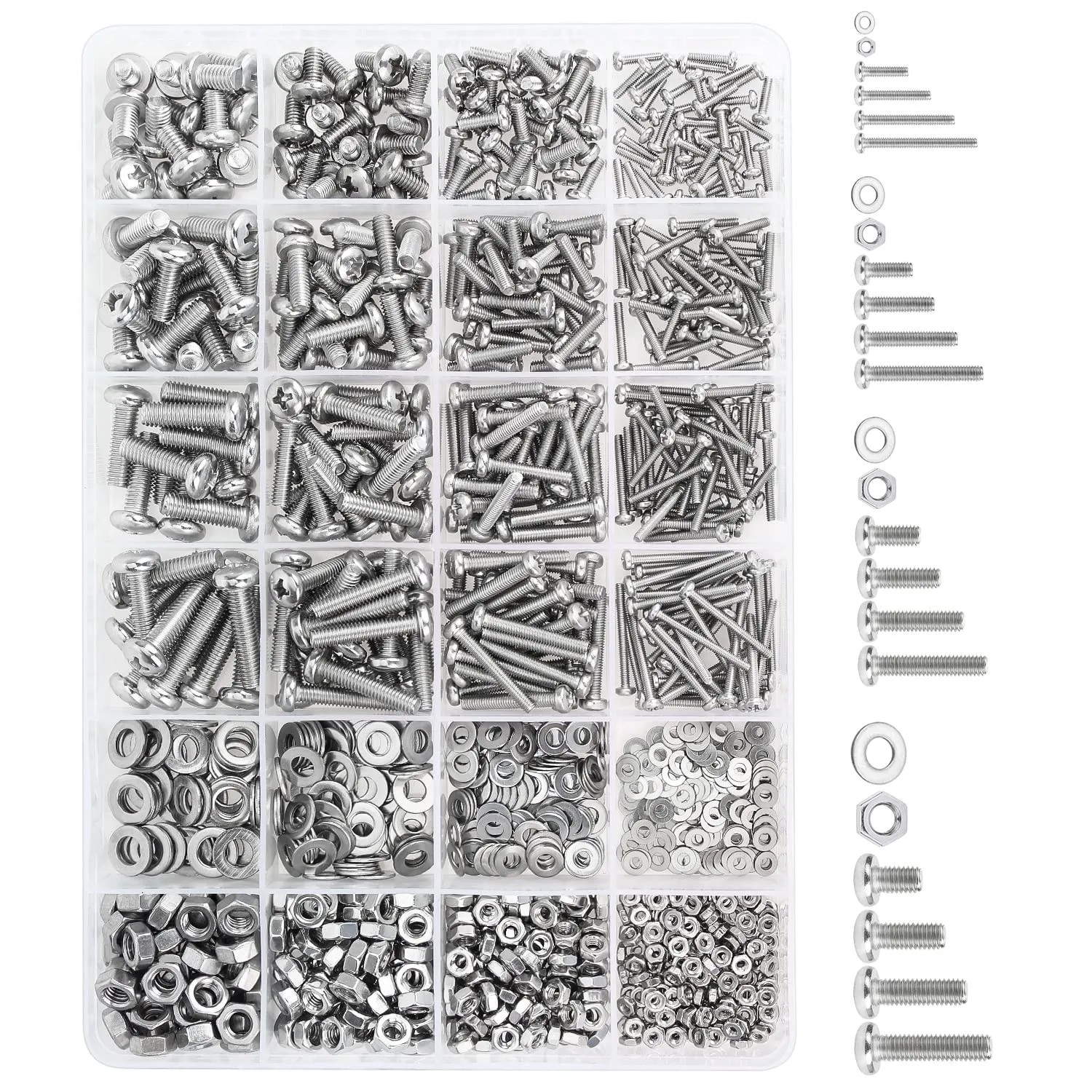 1280 Pieces M2 M3 M4 M5 Phillips Pan Head Machine Screws, Flat Washers and Nuts Assortment Kit, 304 Stainless Steel