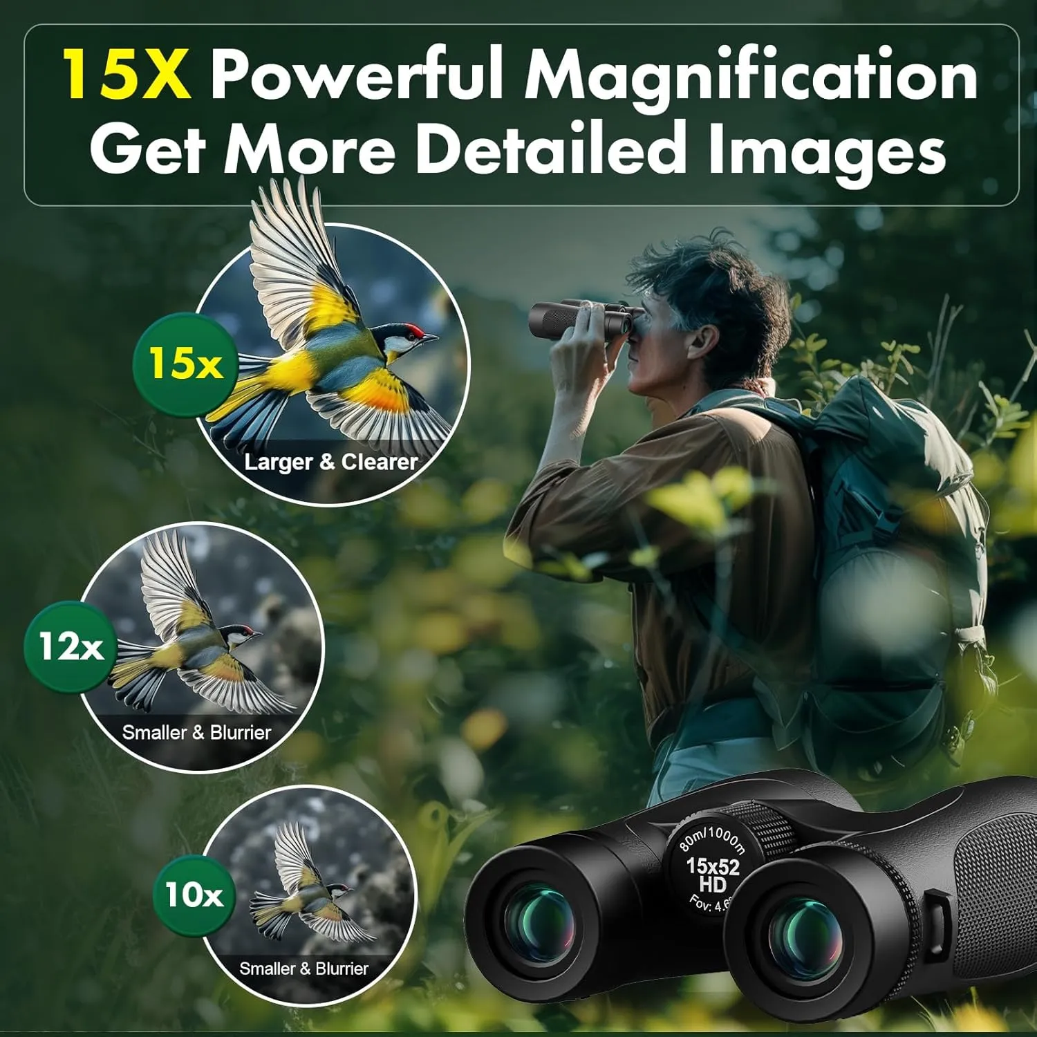 15x52 Binoculars for Adults High Powered: Waterproof Fogproof Shockproof UHD Binoculars Easy Focus - Large View Travel with Clear Low Light Vision for Bird Watching Hiking Hunting Trip Black