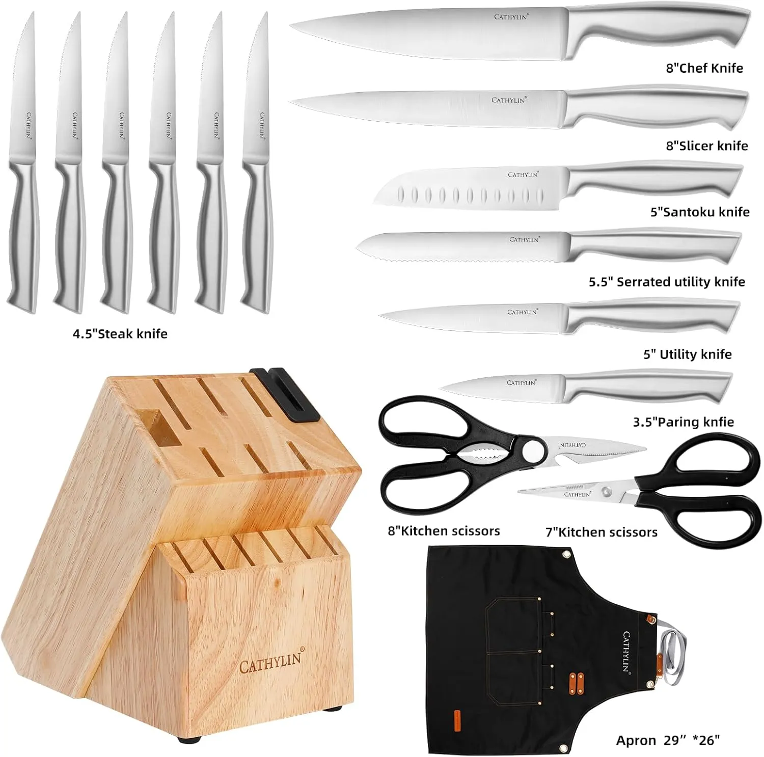 16-piece High-Carbon Stainless Steel Knife Set with Built-in Sharpener Knife Block Set,Kitchen Knife Set with Ergonomic Non-Slip Handle,Dishwasher Safe (16pcs,silver)