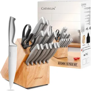 16-piece High-Carbon Stainless Steel Knife Set with Built-in Sharpener Knife Block Set,Kitchen Knife Set with Ergonomic Non-Slip Handle,Dishwasher Safe (16pcs,silver)
