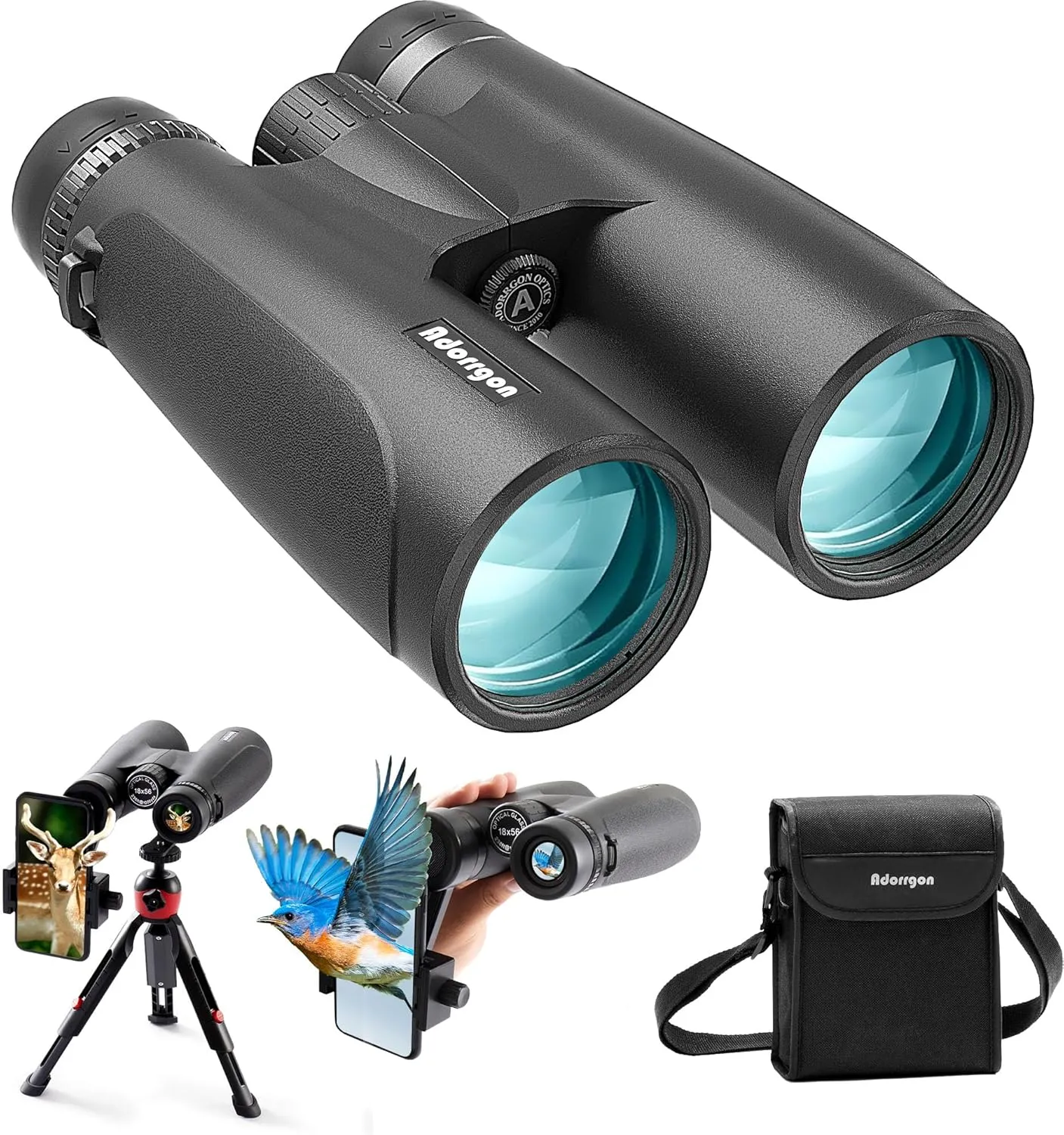 18x56 HD Binoculars for Adults High Powered with Phone Adapter and Tripod, Super Powerful BAK4 Prism FMC Waterproof Binocular with Clear Low Light Vision, Binoculars for Hunting Bird Watching Travel