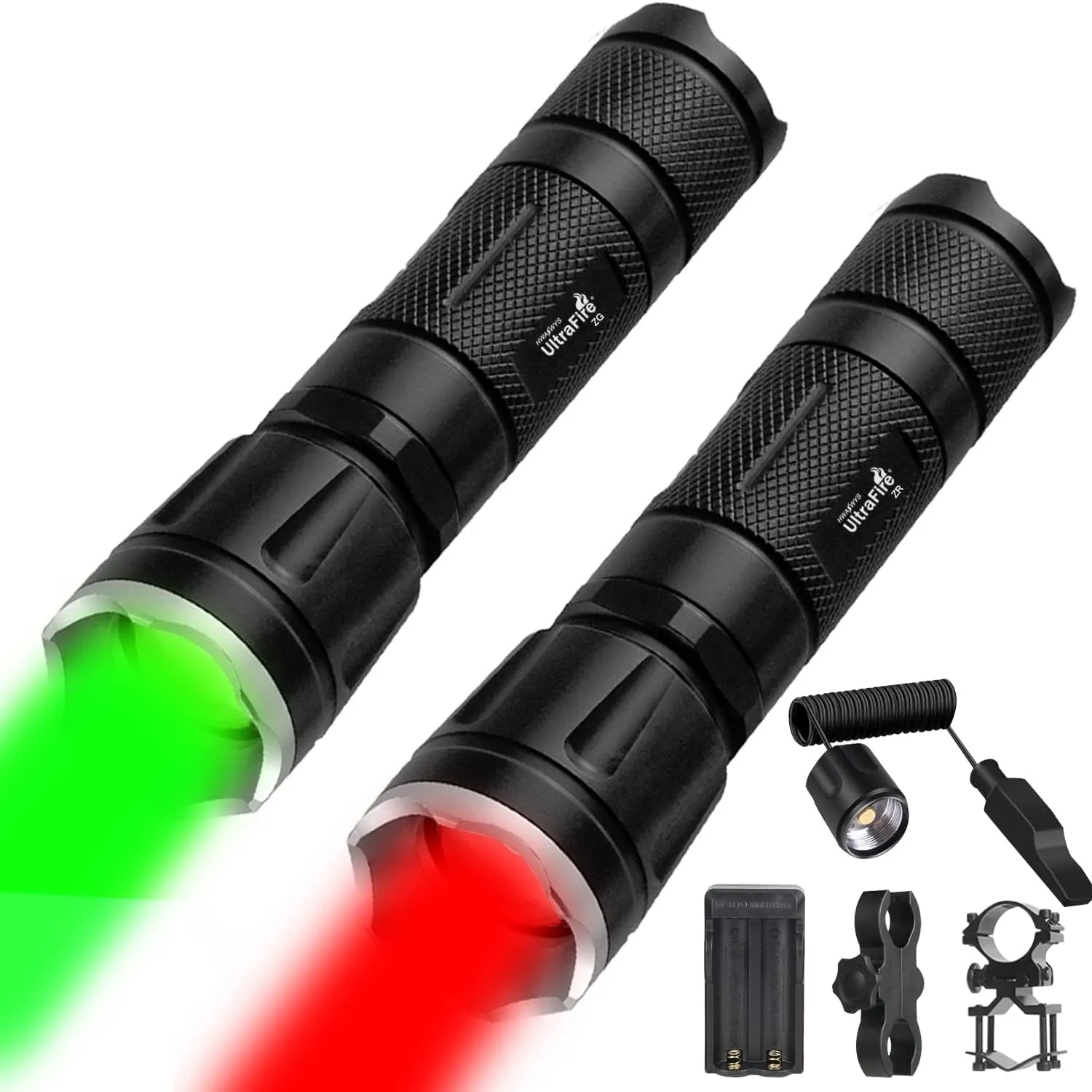 2 Pcs 382 Yards Green Red LED Hunting Flashlight Predator Light,Zoomable Long Range Green Red Light Tactical Flashlight with Pressure Switch and Scope Mount Kit for Hog Coyote and Varmint Hunting