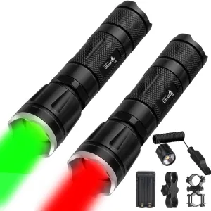 2 Pcs 382 Yards Green Red LED Hunting Flashlight Predator Light,Zoomable Long Range Green Red Light Tactical Flashlight with Pressure Switch and Scope Mount Kit for Hog Coyote and Varmint Hunting