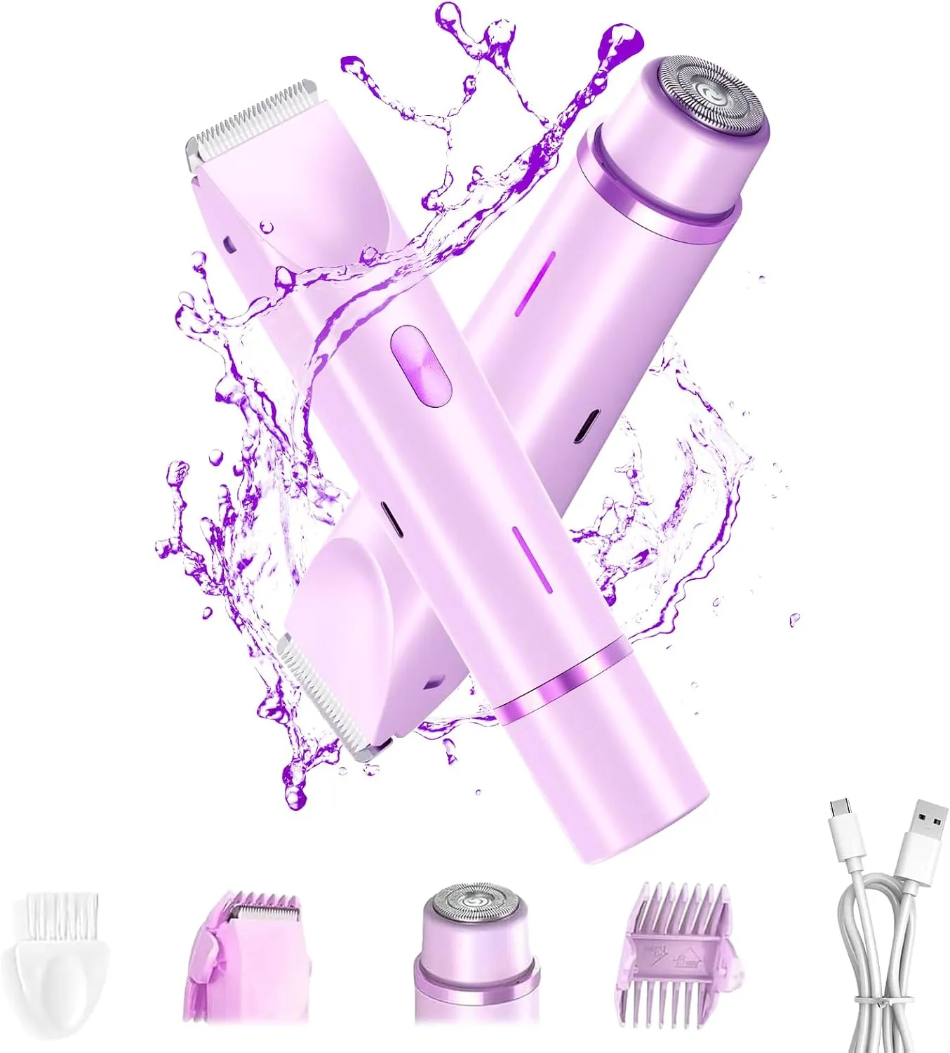 2025 New 2-in-1 Bikini Trimmer & Electric Shaver for Women - Cordless Wet/Dry Electric Razor Kit, Waterproof Hair Removal for Face/Lips/Underarms/Legs/Pubic Areas (Purple)