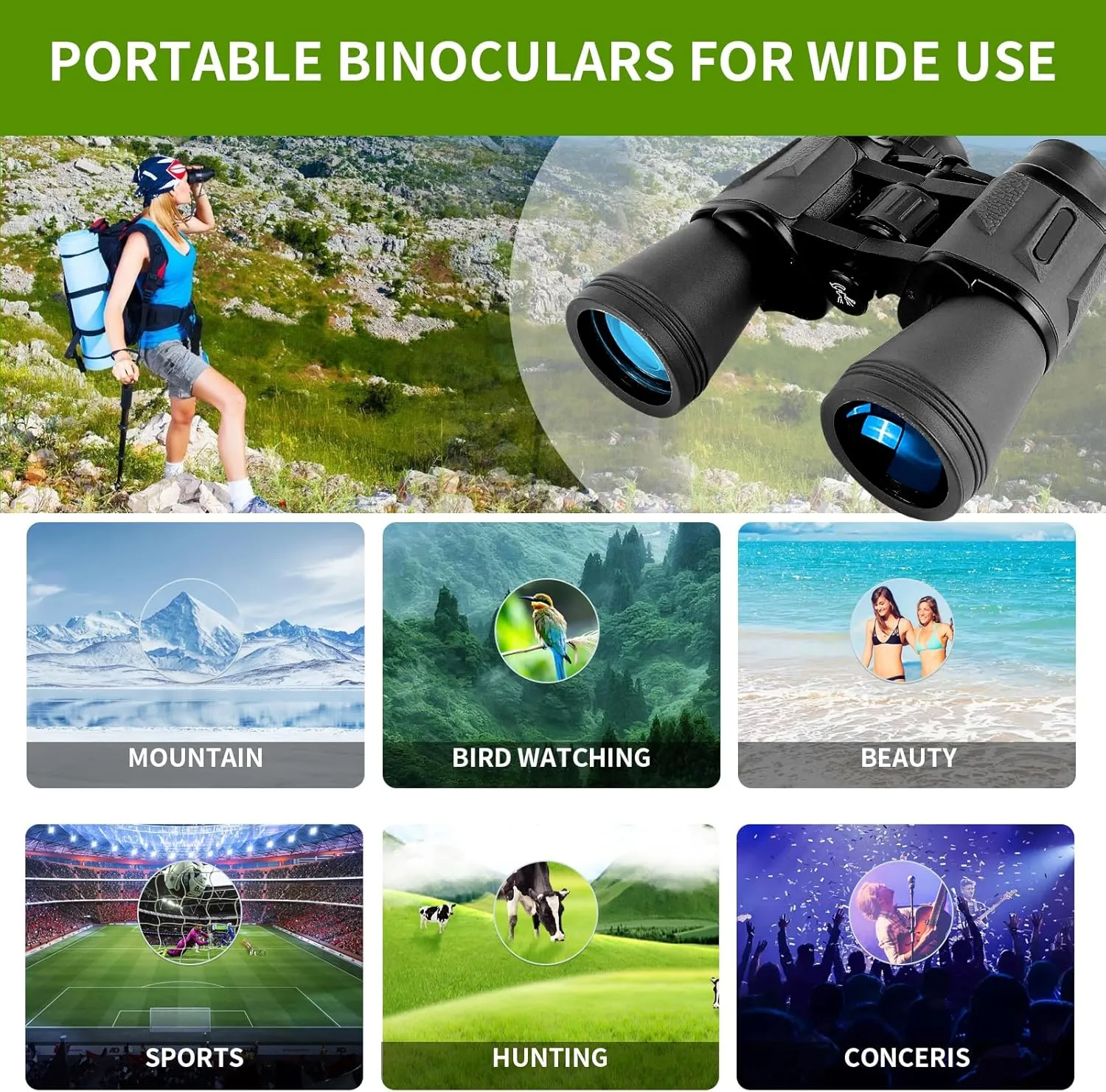 20x50 High Powered Binoculars for Adults,Compact Binoculars Telescope with Low Light Vision for Bird Watching Travel Stargazing Concerts Camping -BAK4 Prism FMC Lens with Phone Adapter(Black)