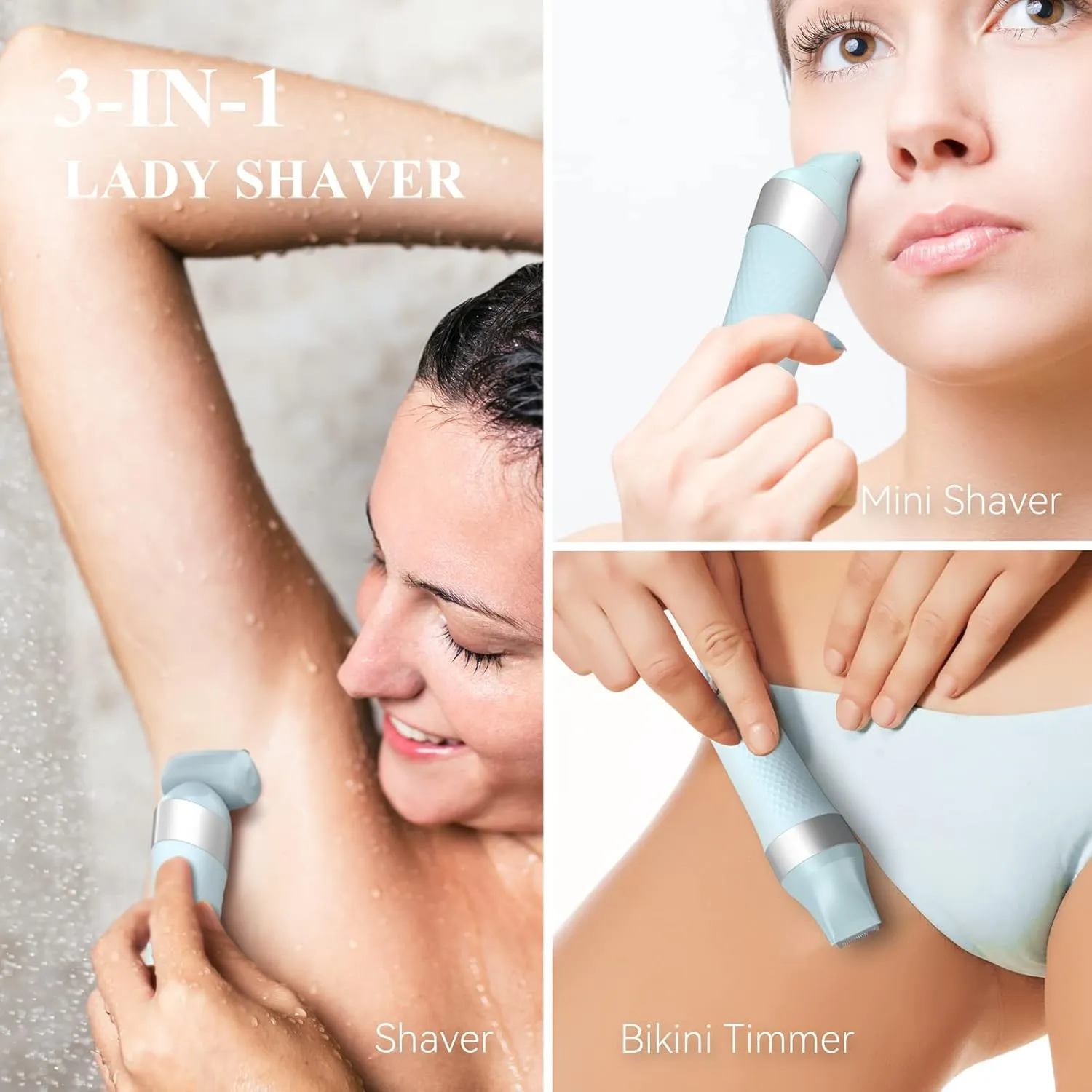 3-in-1 Electric Razor for Women,Dual-Foil Electric Shaver for Woman Face,Legs,Armpit,Rechargeable Bikini Trimmer,3-,Intimate Shaver with Illumination,Public Hair Trimmer Women (Light Blue)