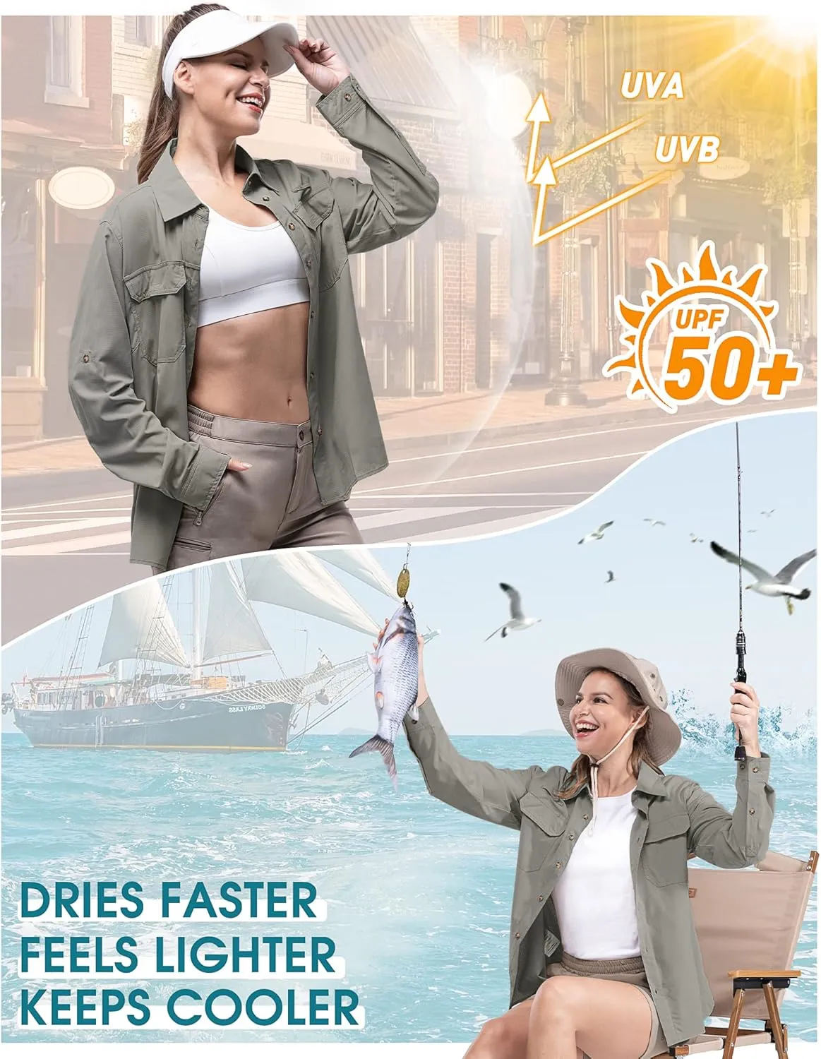 33,000ft Women's UPF 50 UV Sun Protection Shirt, Cool Quick Dry Long Sleeve Outdoor Fishing Hiking Safari Travel Shirt