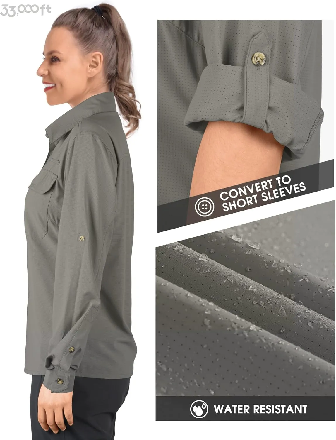 33,000ft Women's UPF 50 UV Sun Protection Shirt, Cool Quick Dry Long Sleeve Outdoor Fishing Hiking Safari Travel Shirt