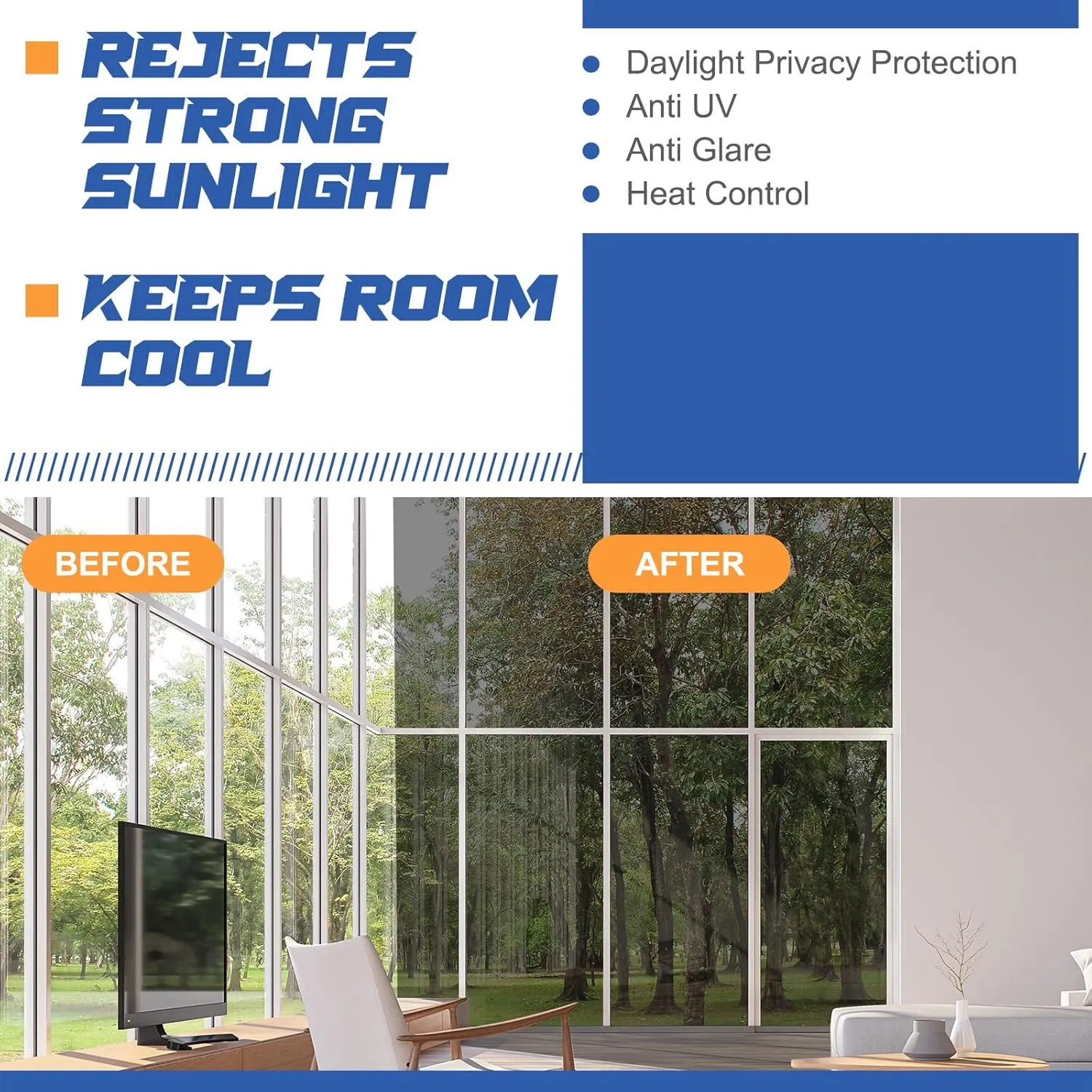 36 Inch X 26 Ft One Way Window Tint Privacy Reflective Daytime Mirror Film Sun Blocking Thermal Insulated Film Heat Control Static Cling Anti UV for Home Office (Silver)