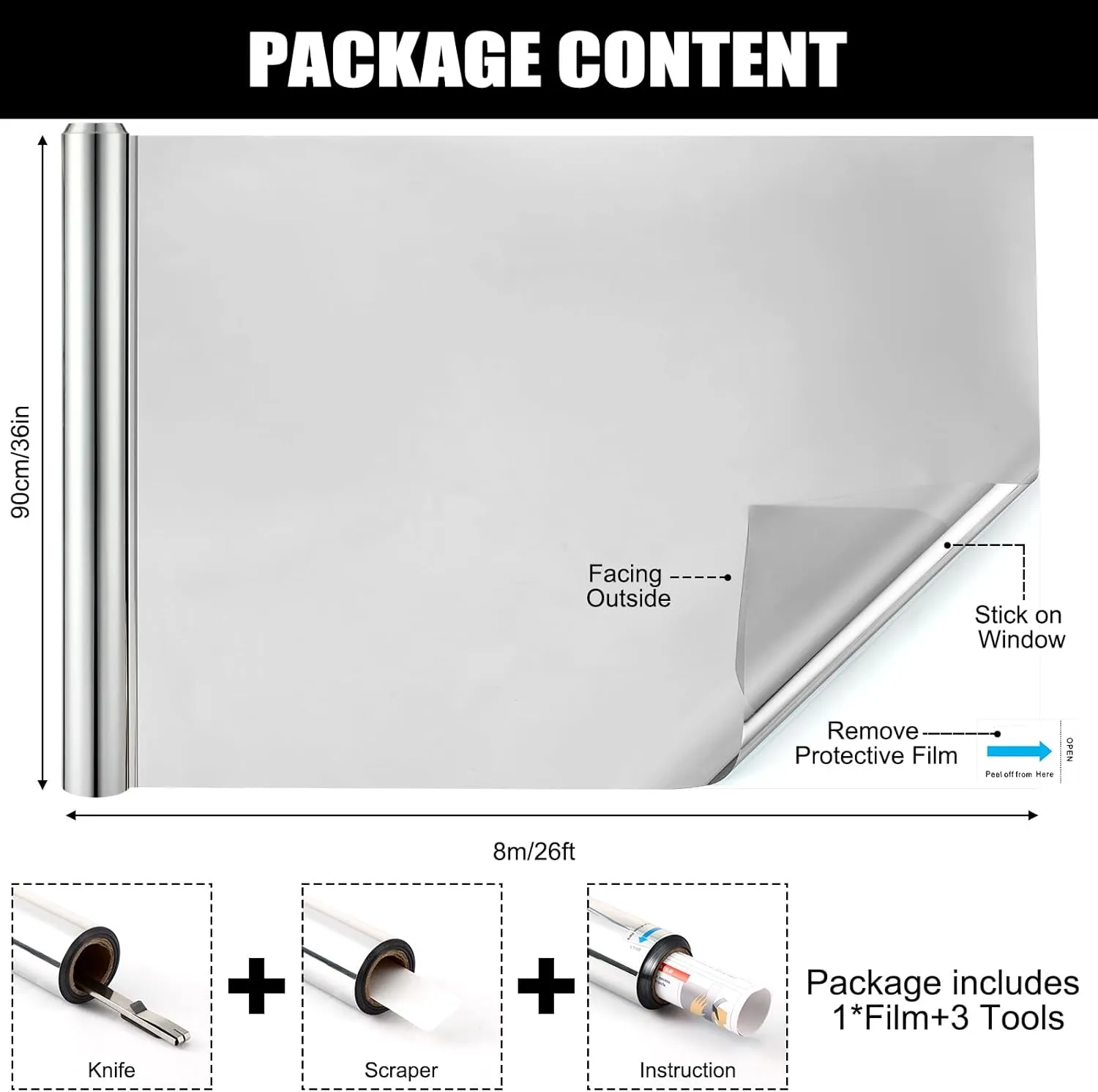36 Inch X 26 Ft One Way Window Tint Privacy Reflective Daytime Mirror Film Sun Blocking Thermal Insulated Film Heat Control Static Cling Anti UV for Home Office (Silver)