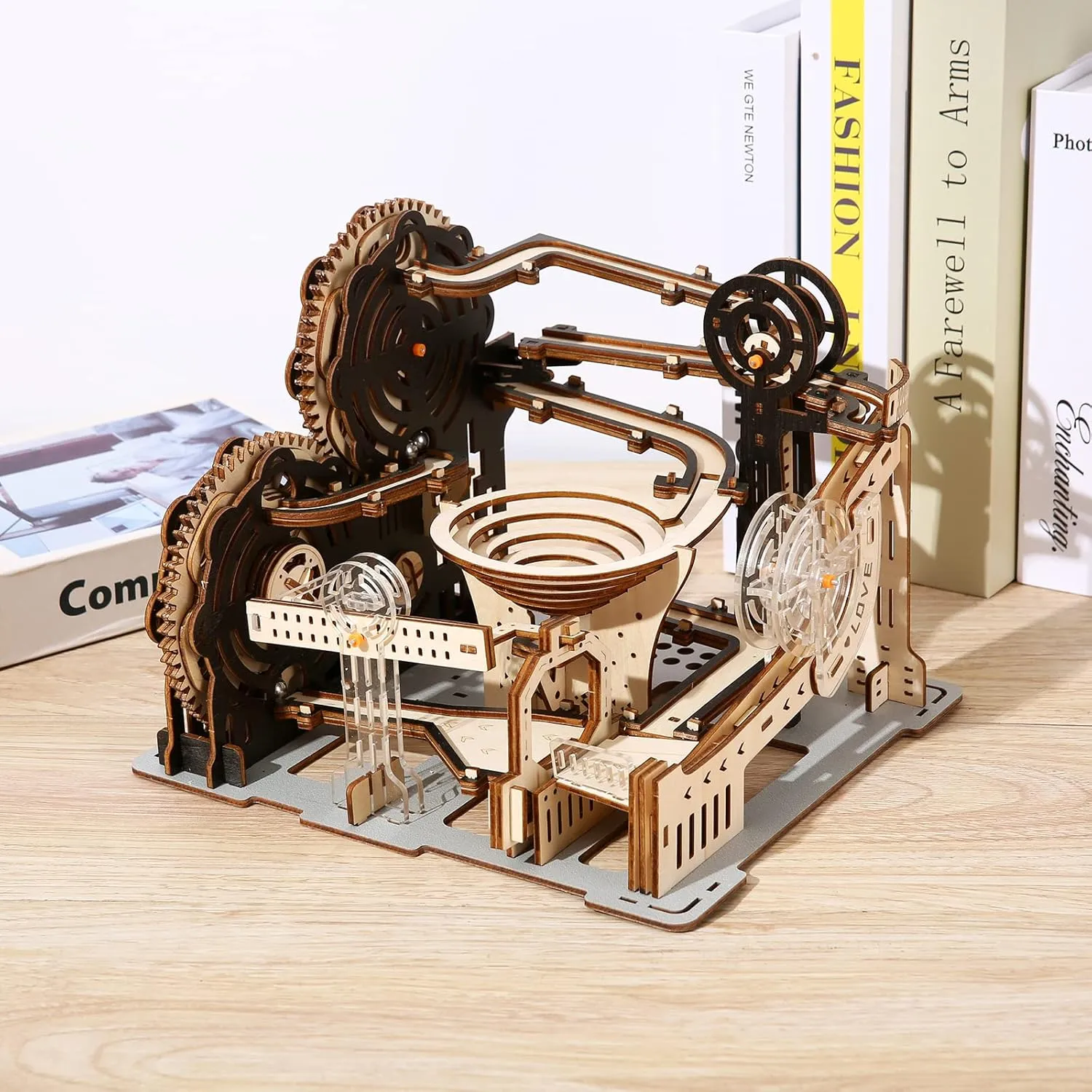 3D Wooden Puzzles for Adult Marble Maze Run Model DIY Building Kits Block Craft, Mechanical Gear Engineering Kit Home Office Decor Hobbies Valentines Birthday Day Gifts for Him (Electric Model)
