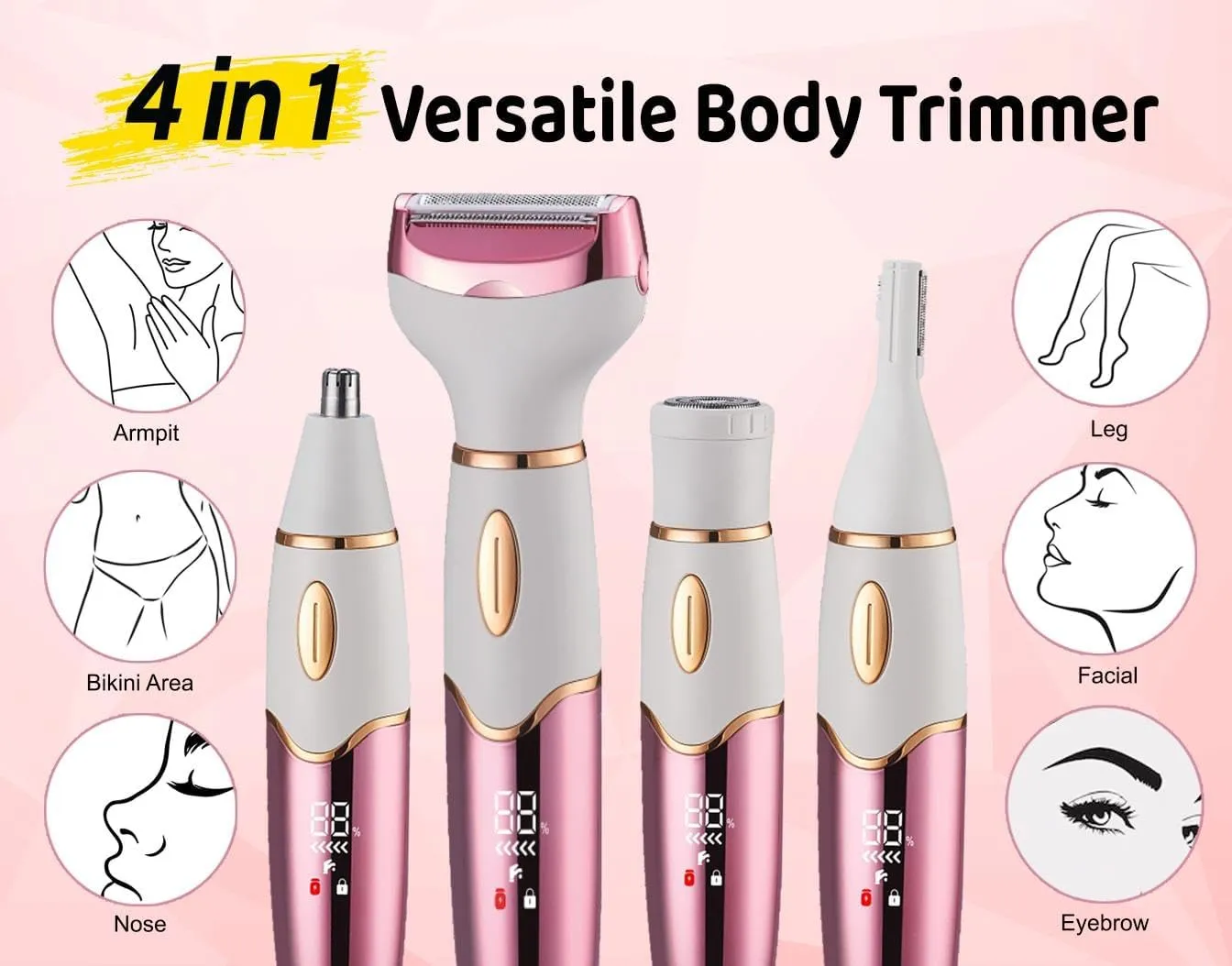 4 in 1 Bikini Body Trimmer for Women | Rechargeable & Waterproof | Grooming Kit with Body, Facial, Eyebrow and Nose Attachments | Precision Trimmer for Smooth, Painfree Hair Removal
