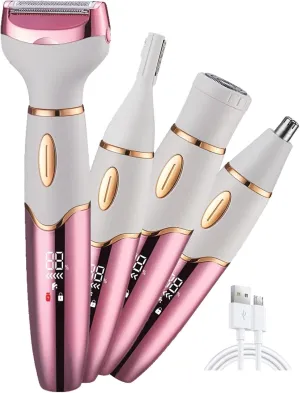4 in 1 Bikini Body Trimmer for Women | Rechargeable & Waterproof | Grooming Kit with Body, Facial, Eyebrow and Nose Attachments | Precision Trimmer for Smooth, Painfree Hair Removal