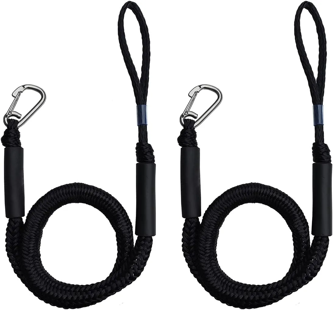 4FT Boat Bungee Dock Line Marine Rope 2-Pack for Temporary Boat Docking, with 316 Stainless Steel Clip,Boat Accessory for Kayak, Pontoon, Watercraft, Canoe, Power Boat (Black)