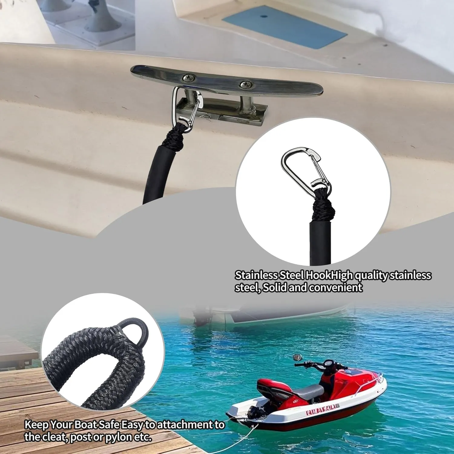 4FT Boat Bungee Dock Line Marine Rope 2-Pack for Temporary Boat Docking, with 316 Stainless Steel Clip,Boat Accessory for Kayak, Pontoon, Watercraft, Canoe, Power Boat (Black)