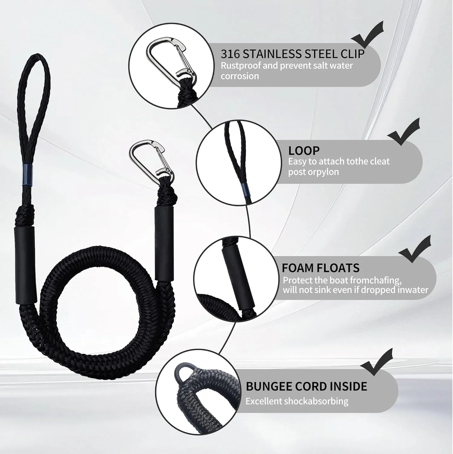 4FT Boat Bungee Dock Line Marine Rope 2-Pack for Temporary Boat Docking, with 316 Stainless Steel Clip,Boat Accessory for Kayak, Pontoon, Watercraft, Canoe, Power Boat (Black)