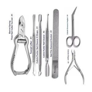 7-Piece Professional Toenail Care Kit – Complete Foot Care Instrument Set with Angled Scissors, Barrel Cutter, Cuticle Nipper, Toenail Lifter & Diamond Nail File for Home & Salon Use