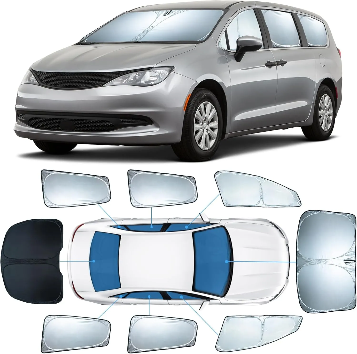 8 PCS Sun Shades for Chrysler Pacifica Windshield Sunshade, 2-Layer Full Window Shades for Pacifica 2017-2025 Front Rear Side Window Covers Sun Visor Blocker Privacy Car Accessories Keep Car Cool