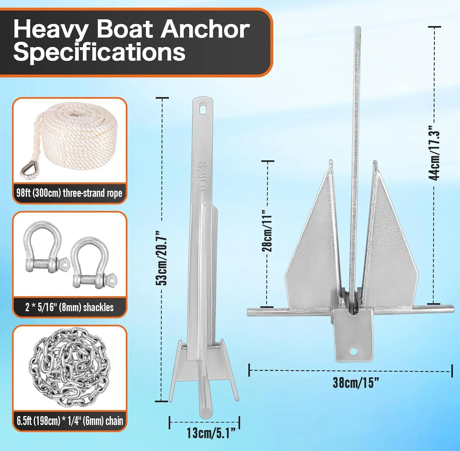 8.5Lbs Heavy Duty Boat Anchor Kit, Fluke Style Anchor Kit with Anchor Chain and Boat Anchor Rope Set for Boats Pontoon, Deck, Sail, Fishing, Portable Hot Dipped Galvanized Fluke Style Anchor