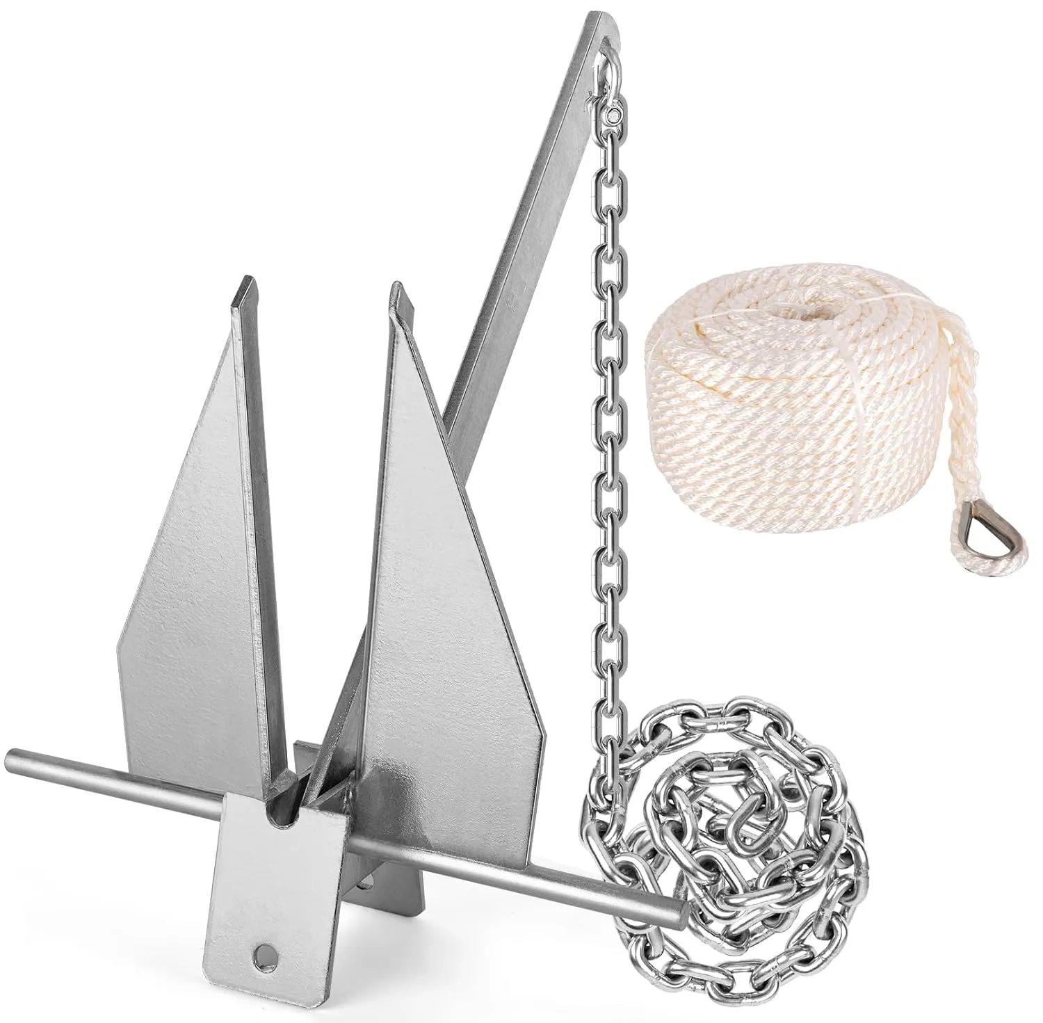 8.5Lbs Heavy Duty Boat Anchor Kit, Fluke Style Anchor Kit with Anchor Chain and Boat Anchor Rope Set for Boats Pontoon, Deck, Sail, Fishing, Portable Hot Dipped Galvanized Fluke Style Anchor