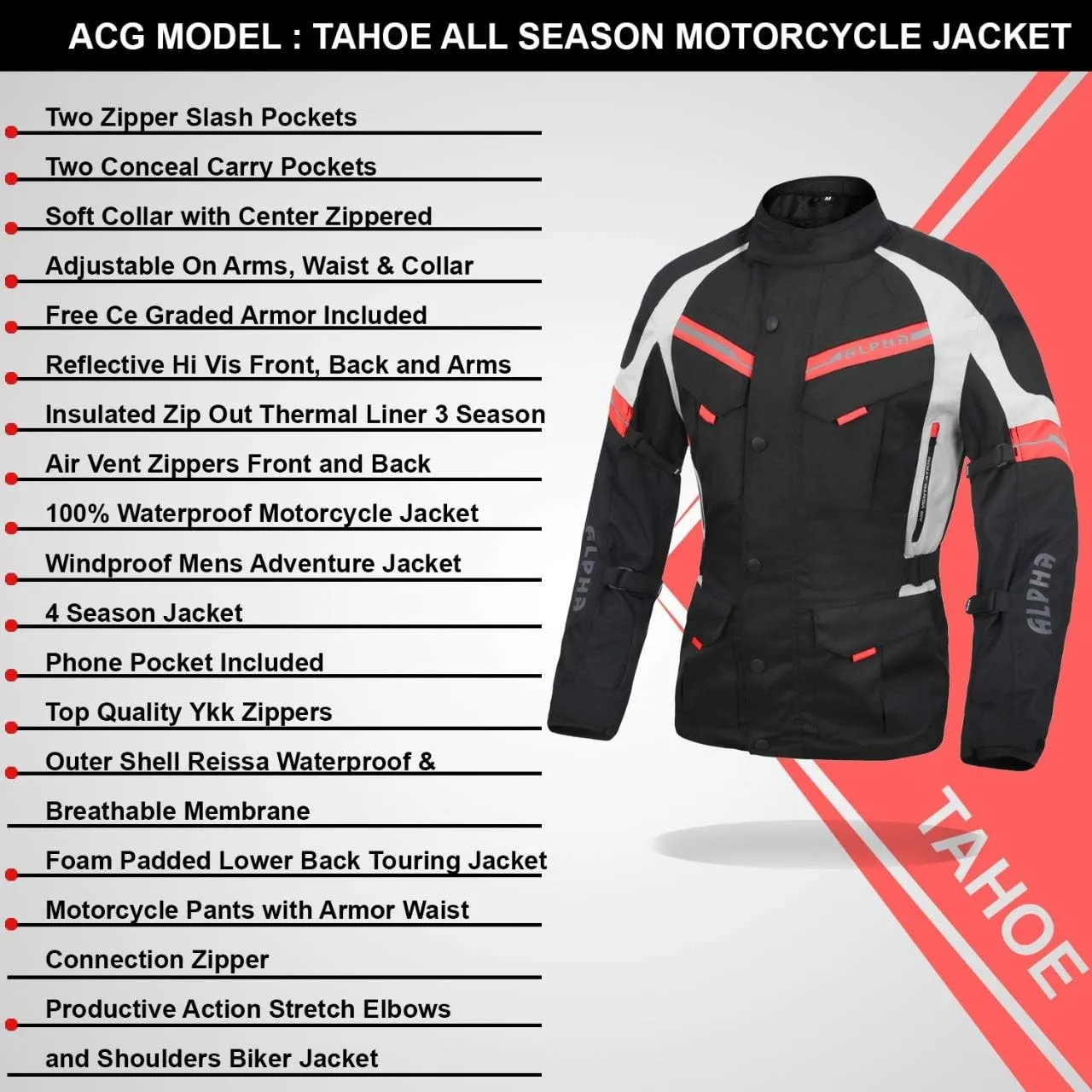 ACG ADVENTURE MOTORCYCLE JACKET MEN FOR TOURING CE ARMOR WATERPROOF ALL SEASON BIKER RIDING (BLACK/RED, SMALL)