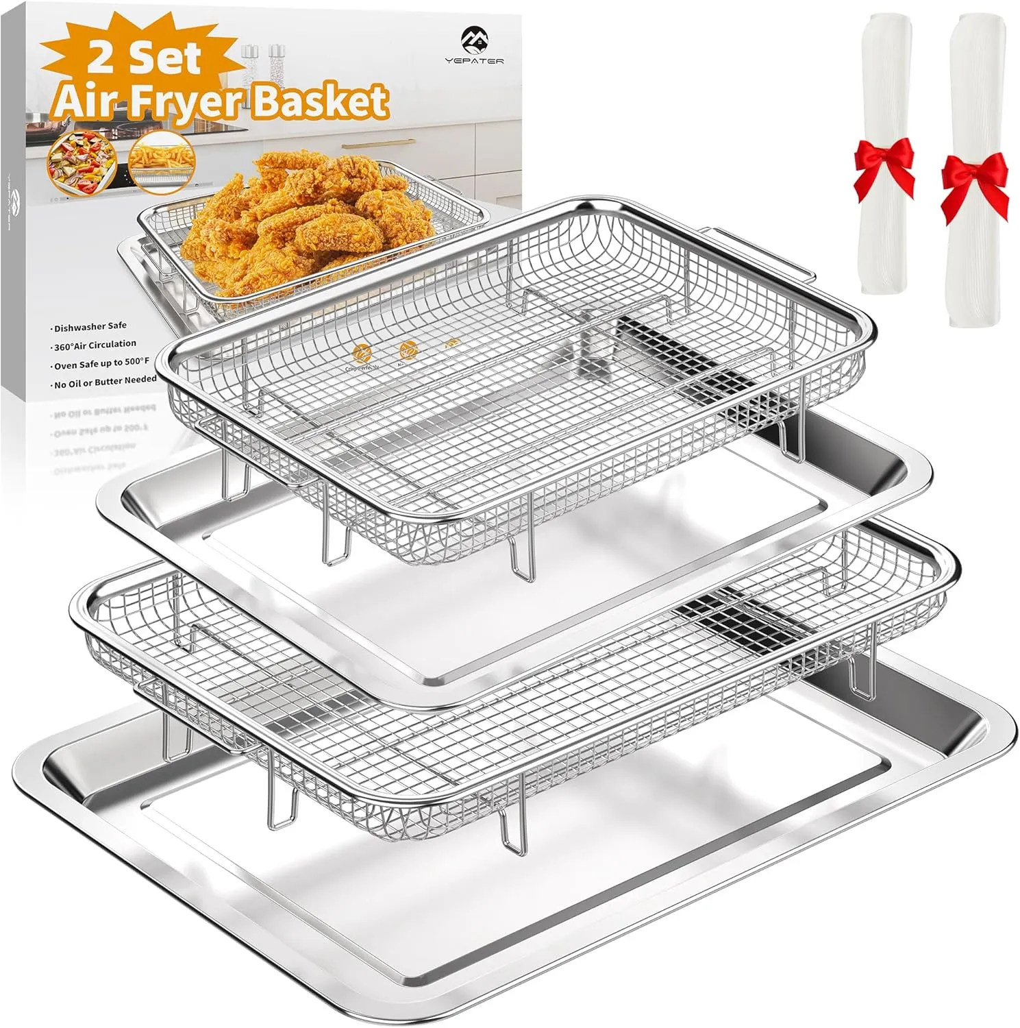 Air Fryer Basket for Oven，YEPATER 2 Set Stainless Steel Air Fryer Tray and Pans for Oven,Air Fryer Pan with Crisper Tray for Baking Grilling Cooking and Frying
