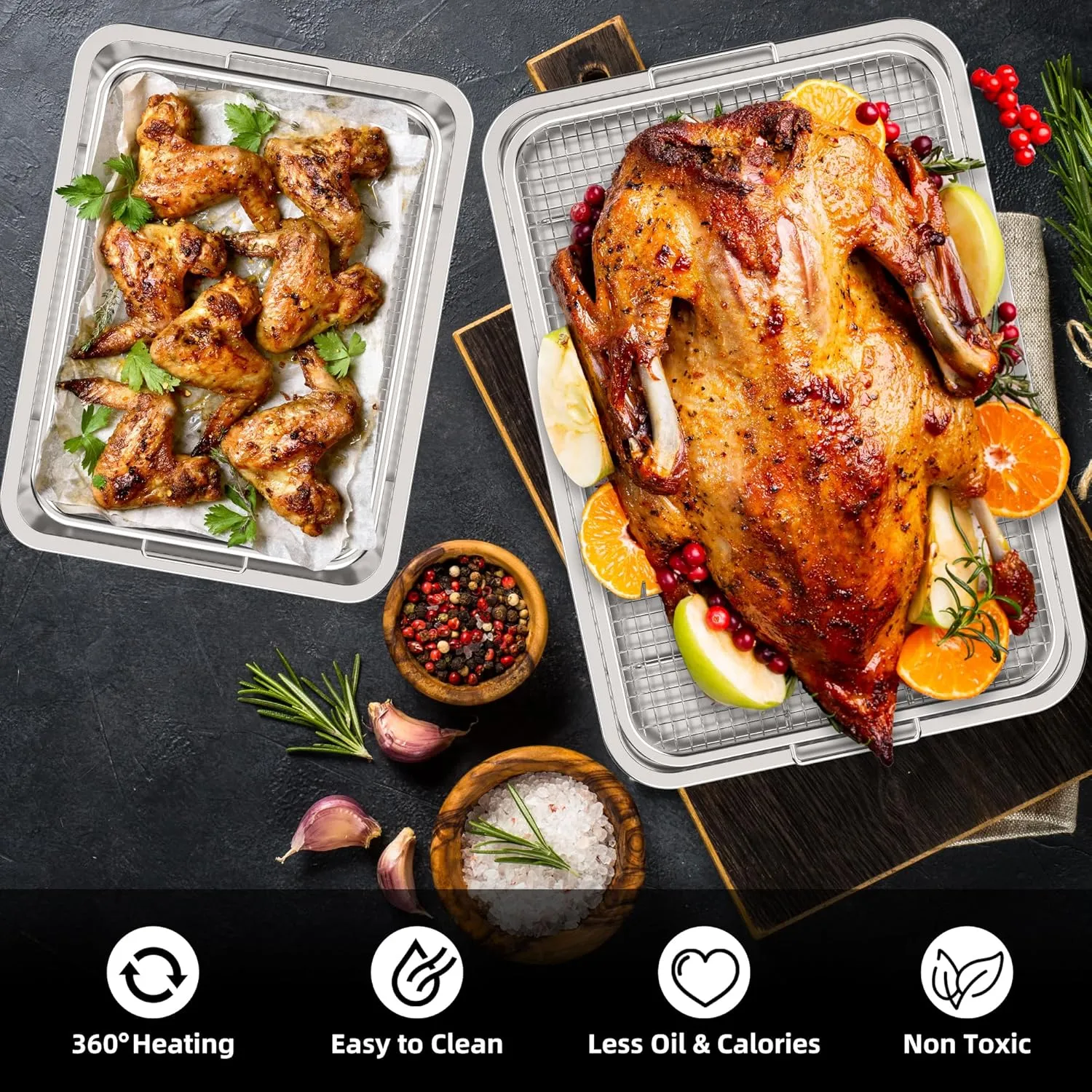 Air Fryer Basket for Oven，YEPATER 2 Set Stainless Steel Air Fryer Tray and Pans for Oven,Air Fryer Pan with Crisper Tray for Baking Grilling Cooking and Frying