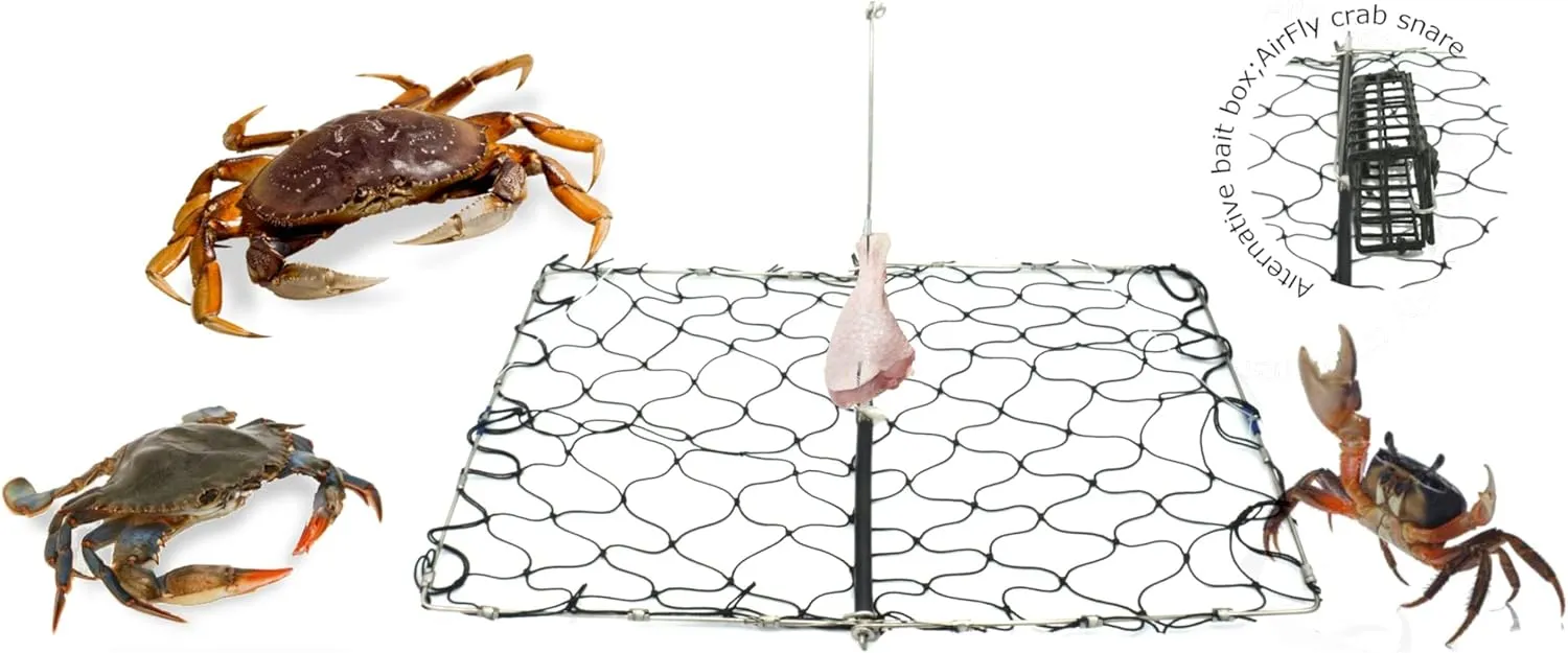 AirFly Foldable Crabjaw Trap with Bait Clip - Redesigned Rectangle Castable Crab Hawk Pot/Ring for Dungeness and Blue Crabs in FL, OR, WA, TX, and CA, Designed in San Francisco, USA