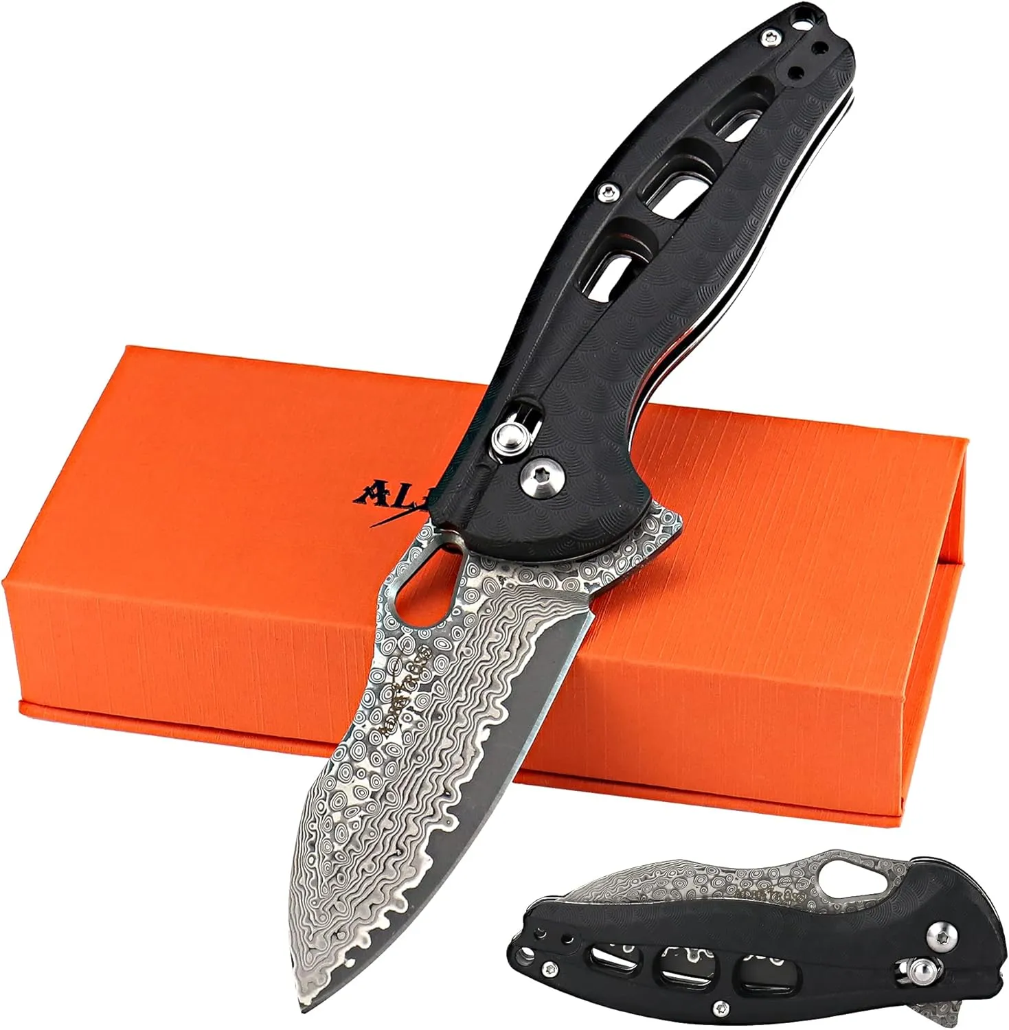ALBATROSS Cool Flipper Axis Lock Opening Folding Pocket Knife with 3" Modern Damascus Steel Blade and 4.25" High Strength FRN Handle, Deep Carry Pocket Clip - Gifts Box FK036DA-BK