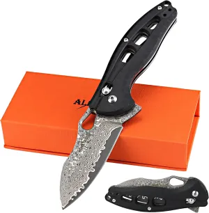 ALBATROSS Cool Flipper Axis Lock Opening Folding Pocket Knife with 3" Modern Damascus Steel Blade and 4.25" High Strength FRN Handle, Deep Carry Pocket Clip - Gifts Box FK036DA-BK