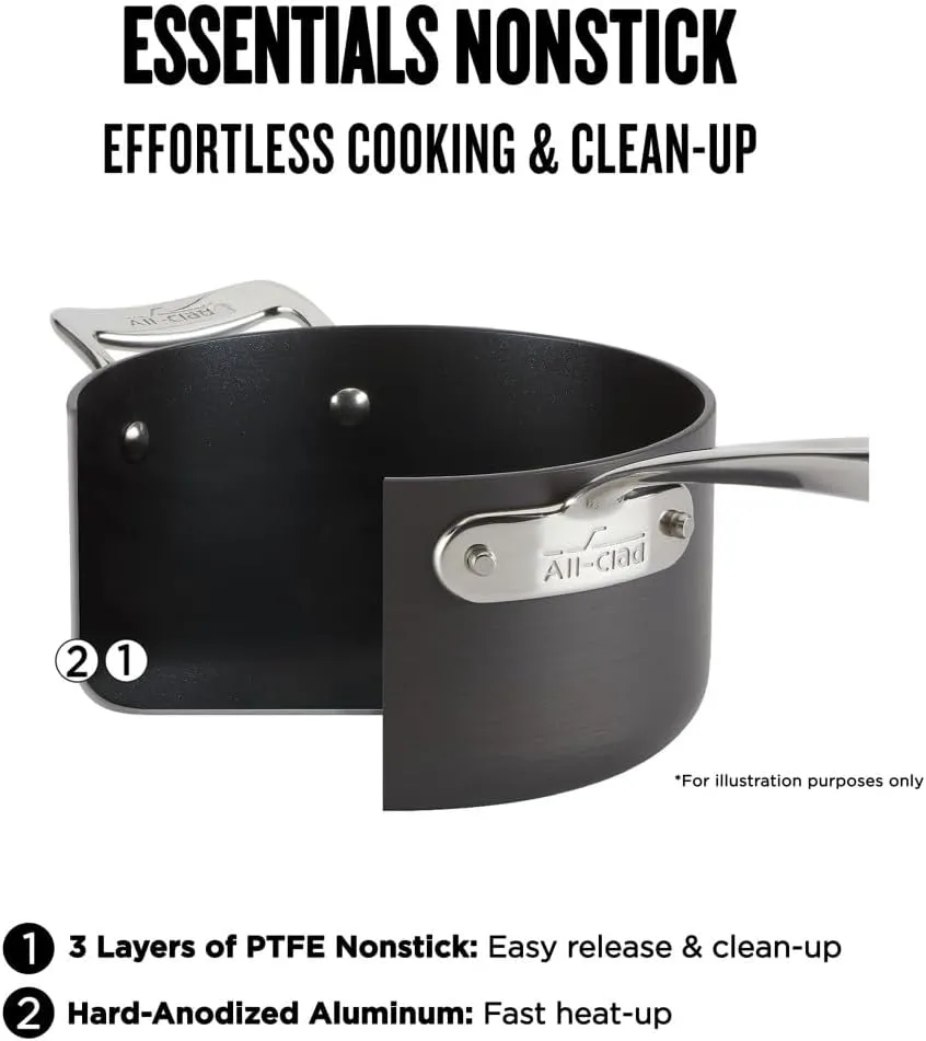 All-Clad Essentials Hard Anodized Nonstick Fry Pan Set 2 Piece, 8, 10,5 Inch Oven Broiler Safe 500F, Lid Safe 350F Pots and Pans, Cookware Black