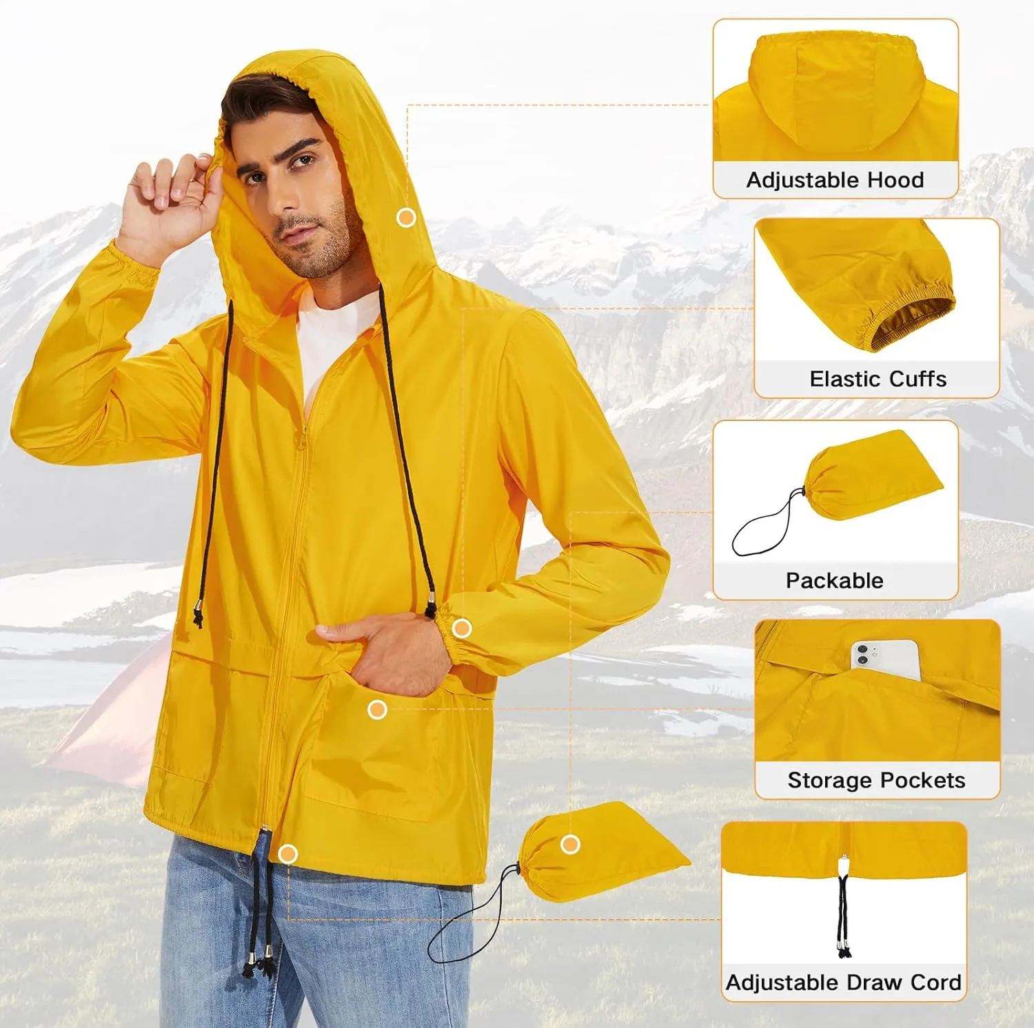 American Trends Packable Mens Rain Jacket Lightweight Waterproof Raincoats with Hood Windbreaker for Travel M-3XL Available