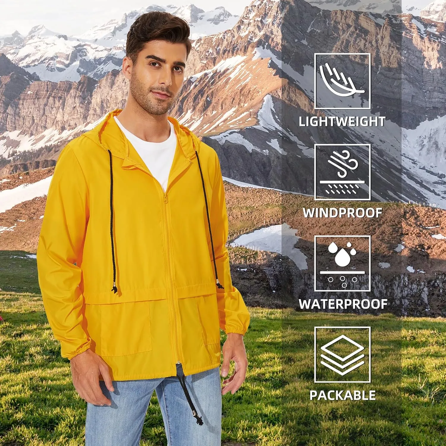 American Trends Packable Mens Rain Jacket Lightweight Waterproof Raincoats with Hood Windbreaker for Travel M-3XL Available