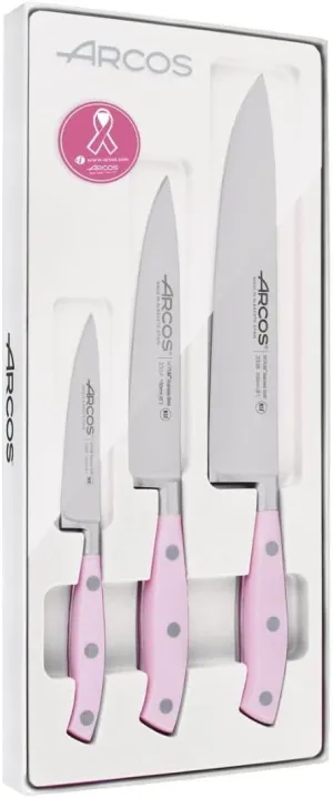 Arcos Forged Professional Kitchen Knives Set. 3 Cooking Knives for Cutting and Peeling Food. Ergonomic Polyoxymethylene Handle. Series Riviera. Color Rose