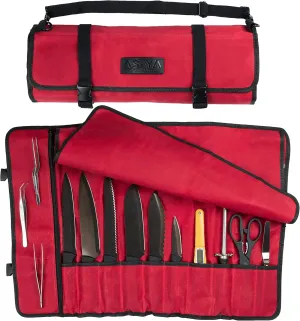 Asaya Canvas Chef Knife Roll Bag - 10 Knife Slots and a Large Zipper Pocket - Durable 10oz Canvas Knife Case with an Adjustable Shoulder Strap - Knives not Included (Red)