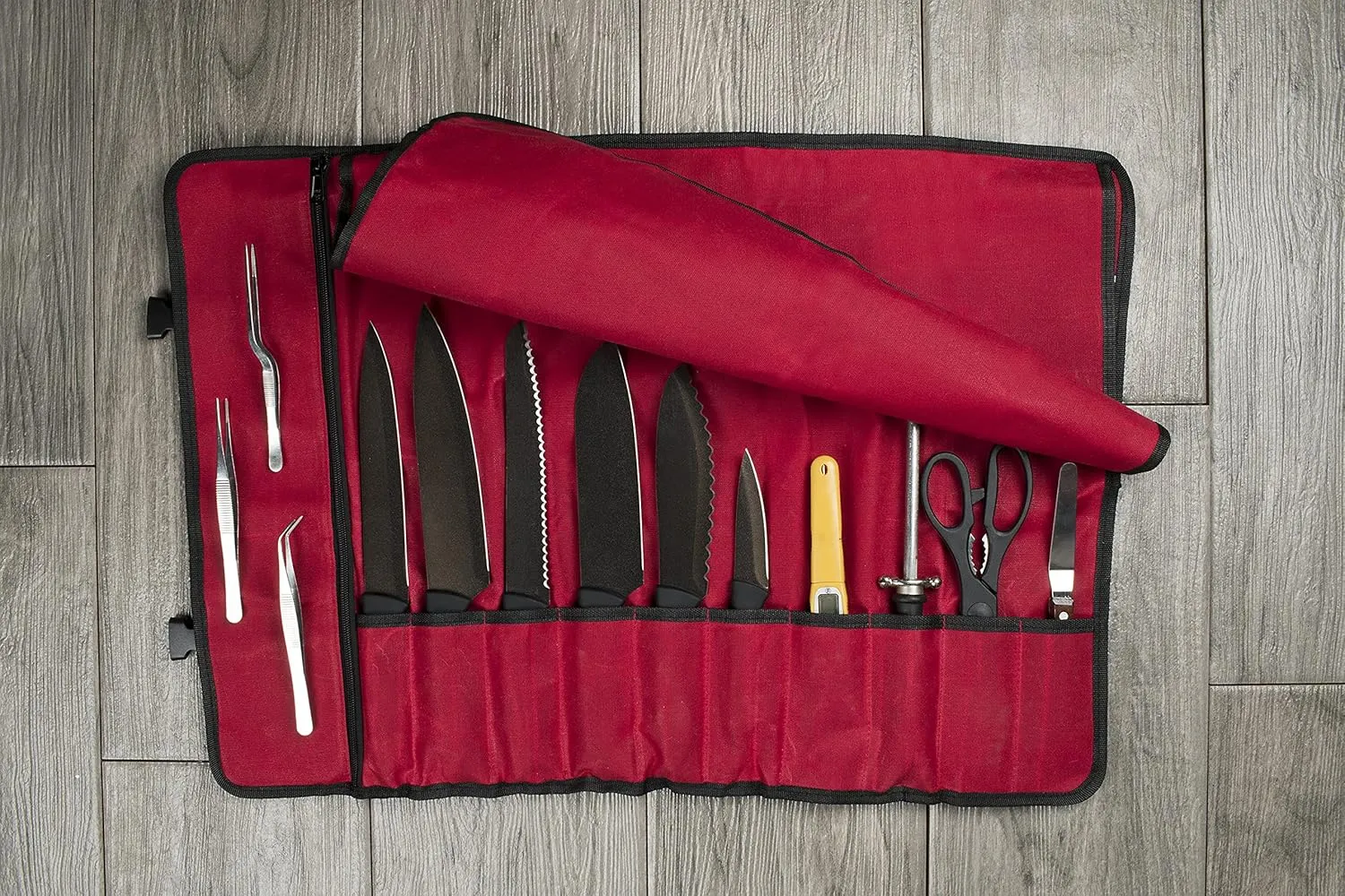 Asaya Canvas Chef Knife Roll Bag - 10 Knife Slots and a Large Zipper Pocket - Durable 10oz Canvas Knife Case with an Adjustable Shoulder Strap - Knives not Included (Red)