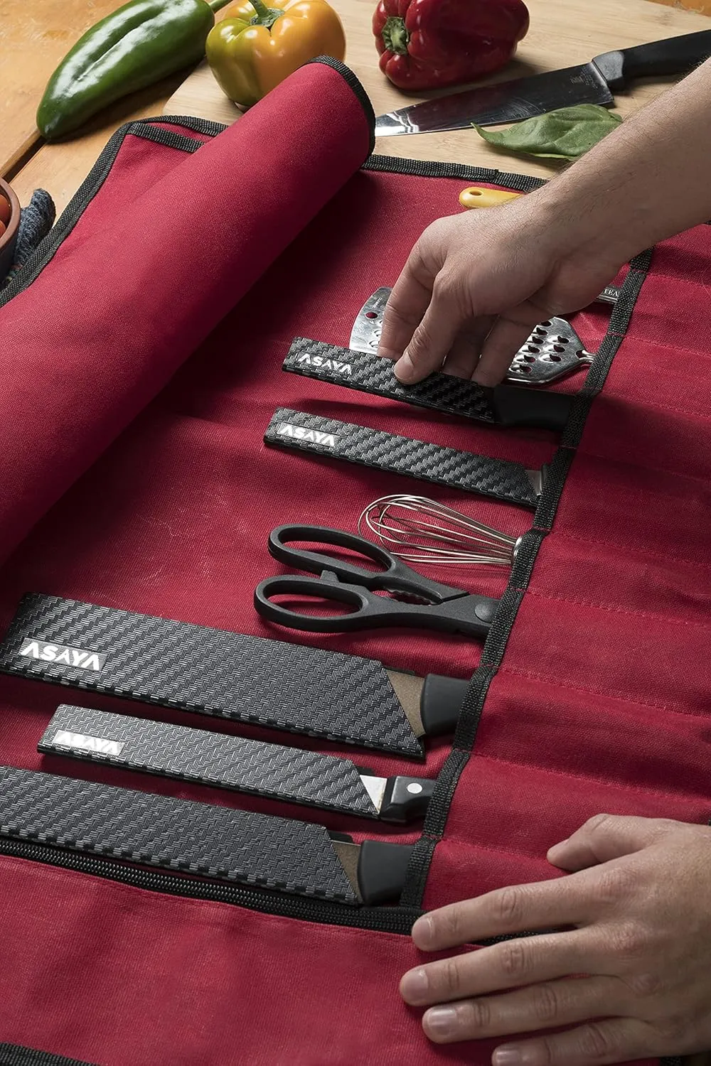 Asaya Canvas Chef Knife Roll Bag - 10 Knife Slots and a Large Zipper Pocket - Durable 10oz Canvas Knife Case with an Adjustable Shoulder Strap - Knives not Included (Red)