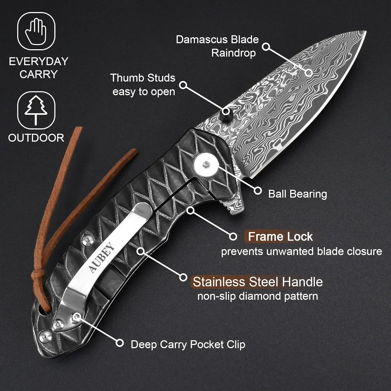 AUBEY Damascus Pocket Knife for Men, Forged 2.95" VG10 Damascus Steel Folding Knife with Sheath, Rain-drop Blade, Stainless Steel Handle, EDC Knife for Camping