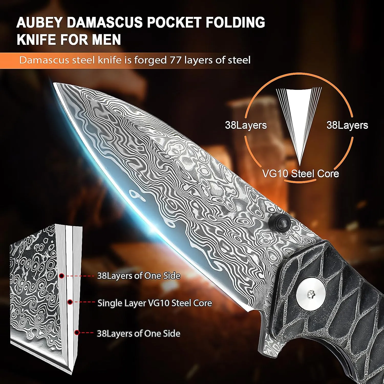 AUBEY Damascus Pocket Knife for Men, Forged 2.95" VG10 Damascus Steel Folding Knife with Sheath, Rain-drop Blade, Stainless Steel Handle, EDC Knife for Camping