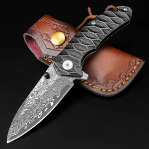 AUBEY Damascus Pocket Knife for Men, Forged 2.95" VG10 Damascus Steel Folding Knife with Sheath, Rain-drop Blade, Stainless Steel Handle, EDC Knife for Camping
